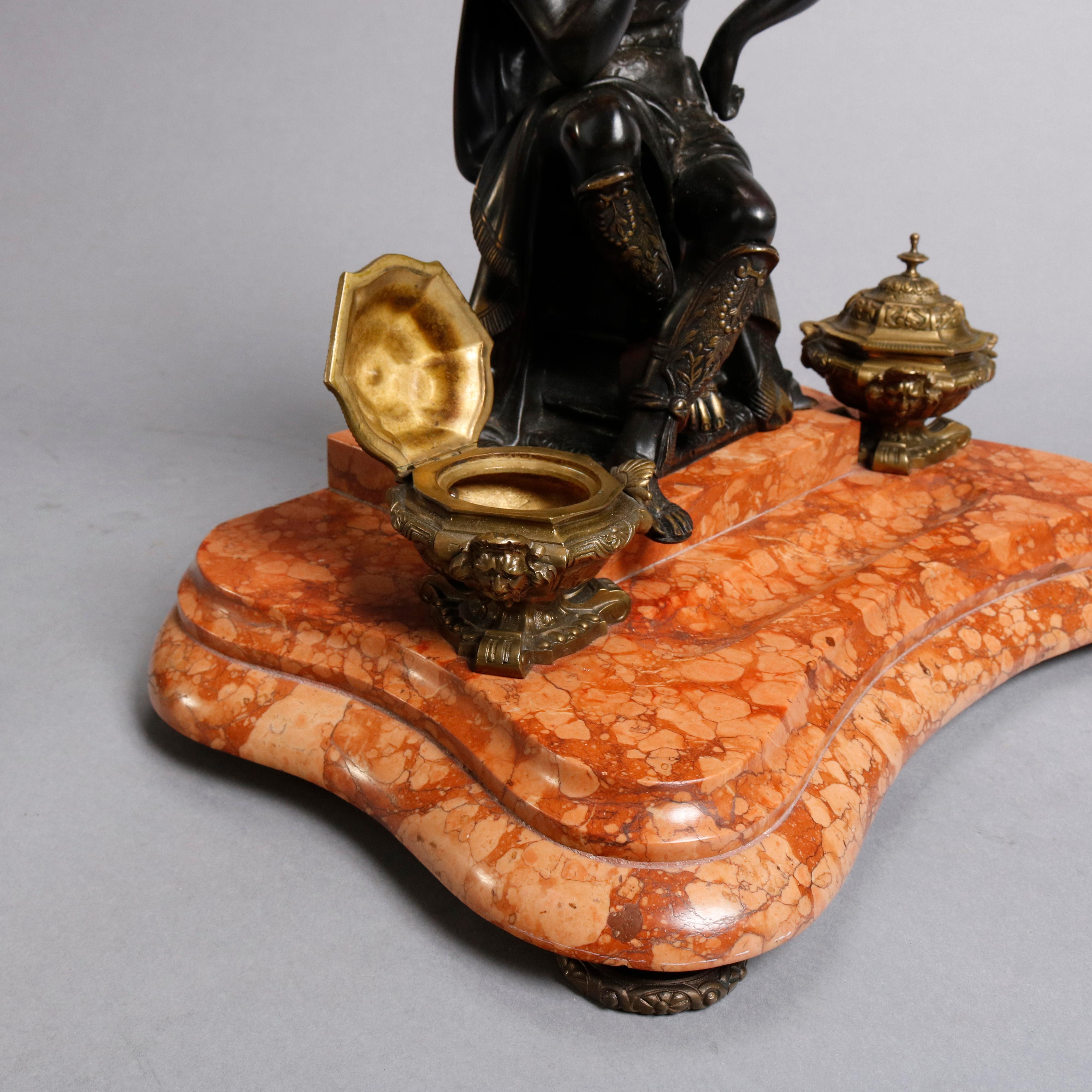 Antique French Figural Bronze & Marble Statuary Inkwell with Mercury, circa 1880 4