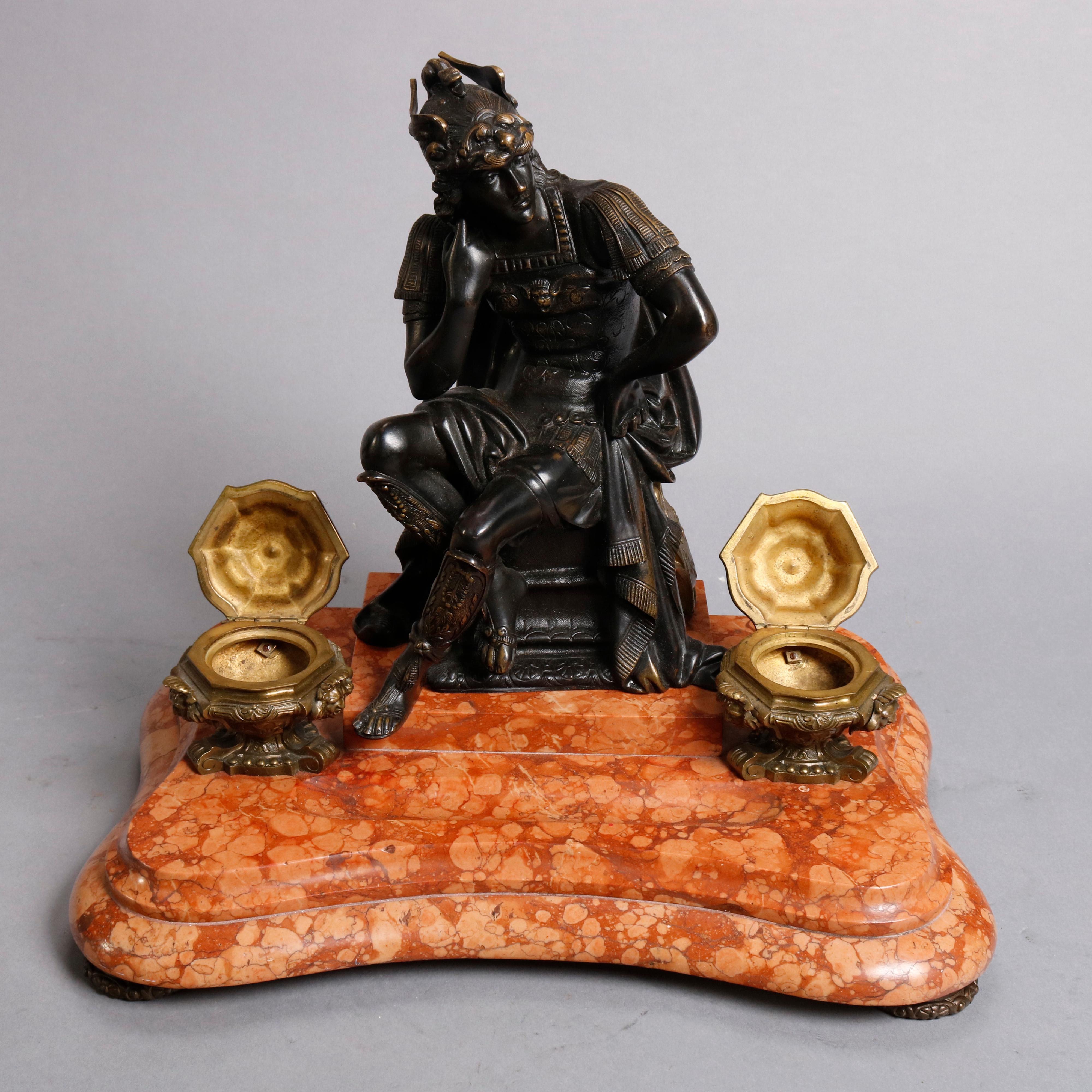 Classical Greek Antique French Figural Bronze & Marble Statuary Inkwell with Mercury, circa 1880