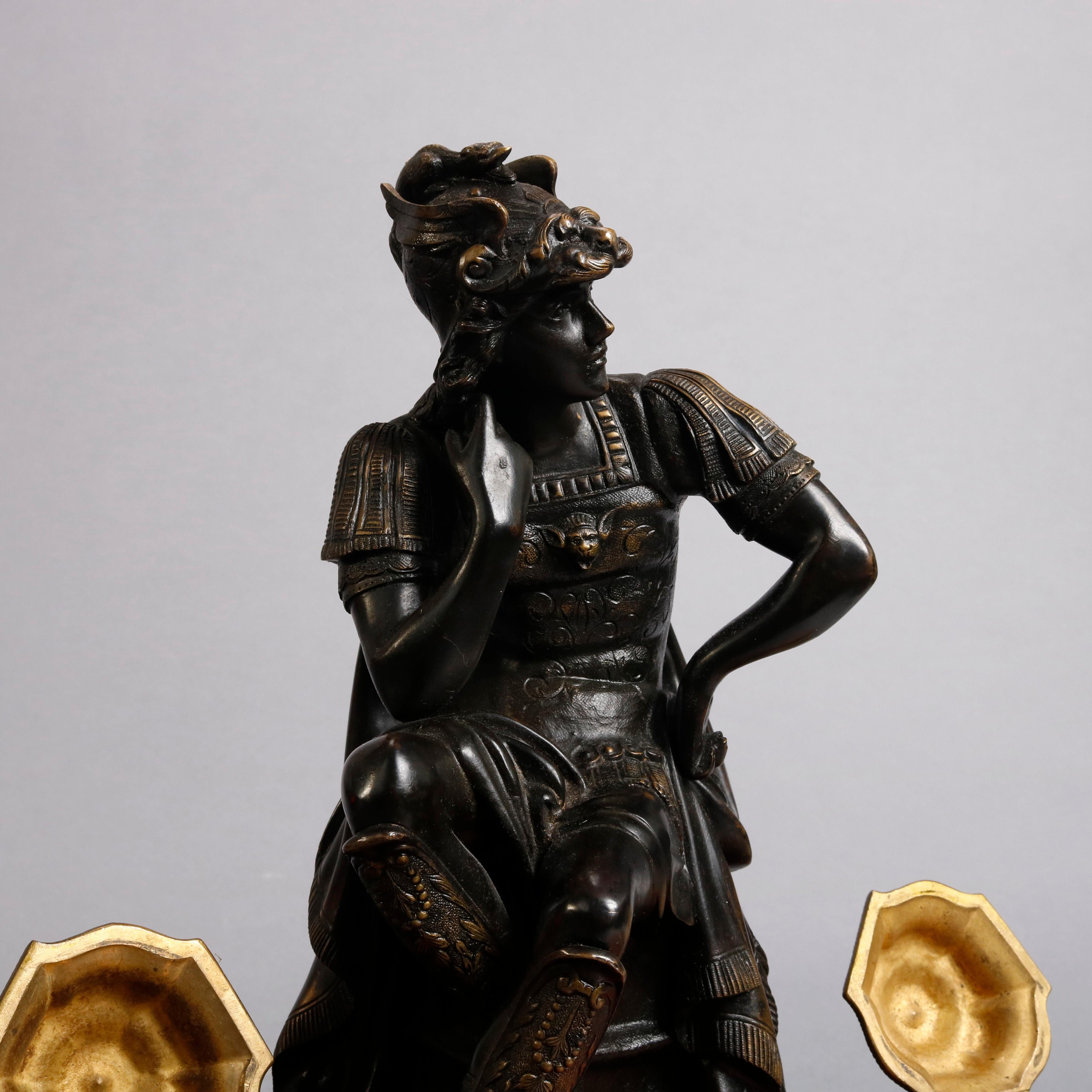 Beveled Antique French Figural Bronze & Marble Statuary Inkwell with Mercury, circa 1880
