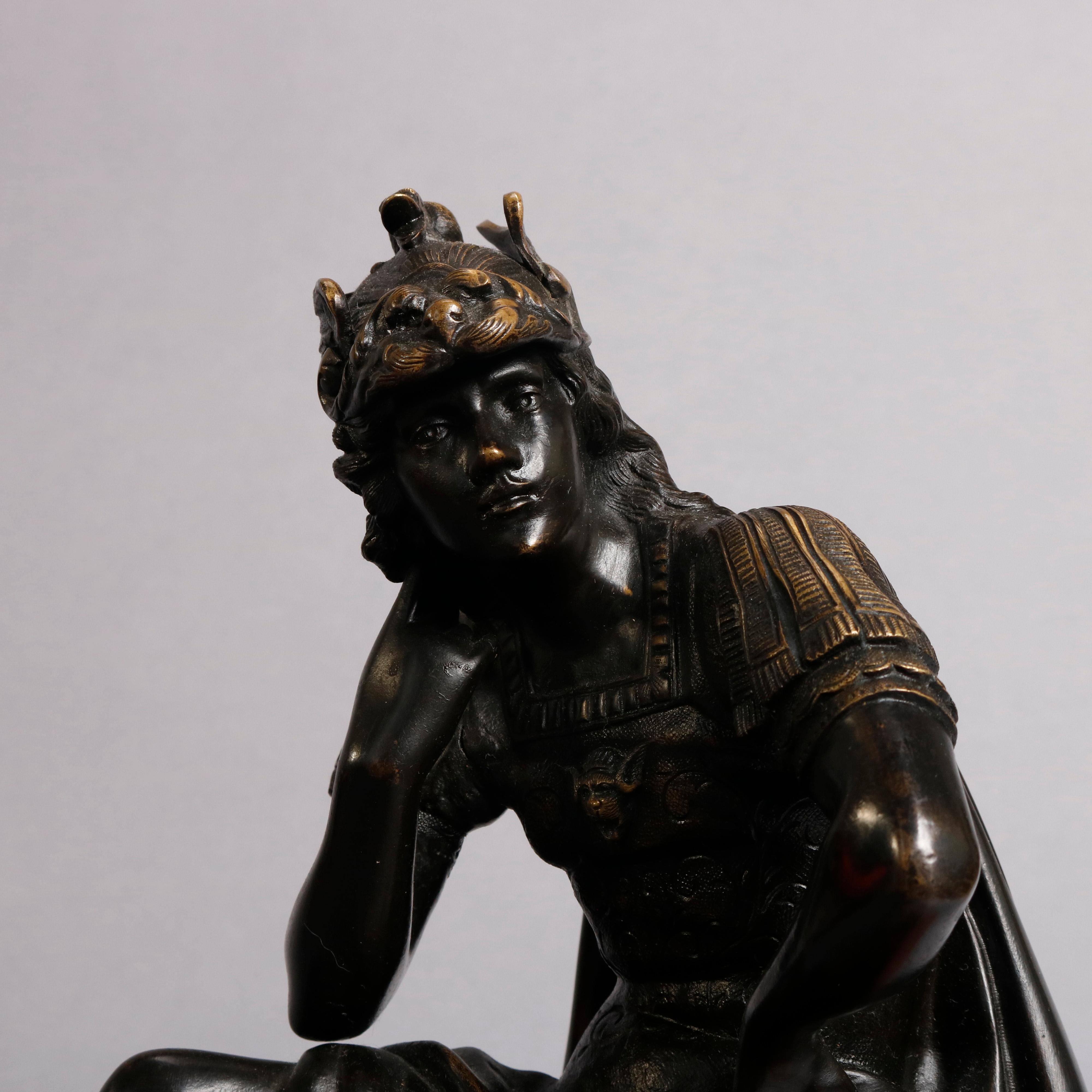 Antique French Figural Bronze & Marble Statuary Inkwell with Mercury, circa 1880 In Good Condition In Big Flats, NY