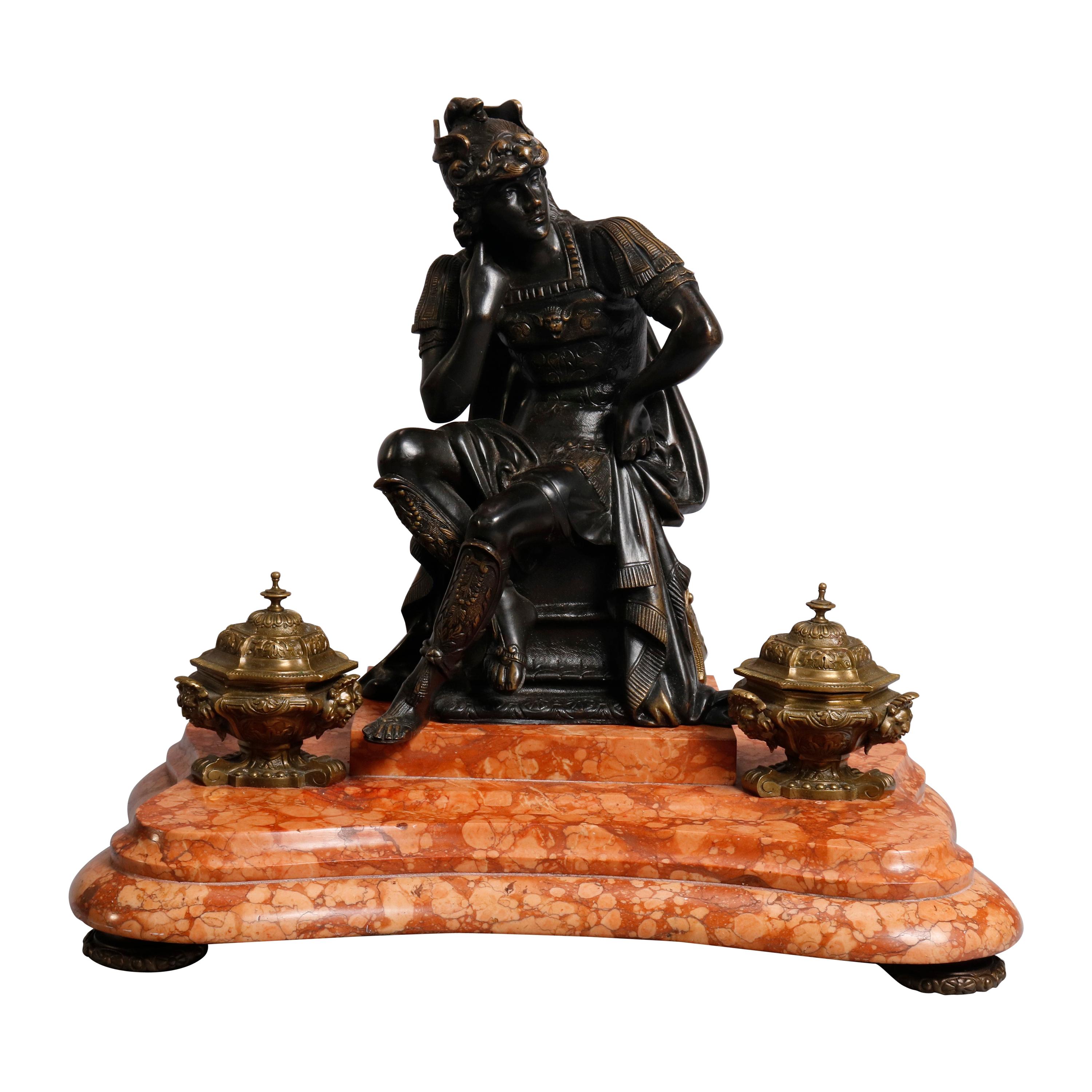 Antique French Figural Bronze & Marble Statuary Inkwell with Mercury, circa 1880