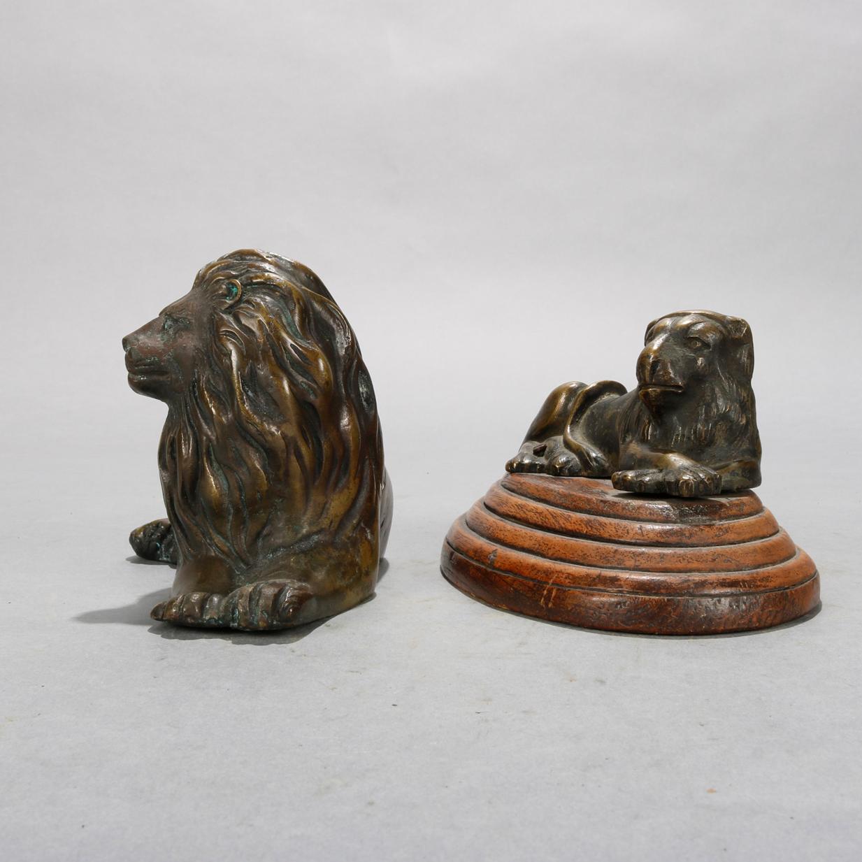 Cast Antique French Figural Bronze Recumbent Lion Sculptures, circa 1890