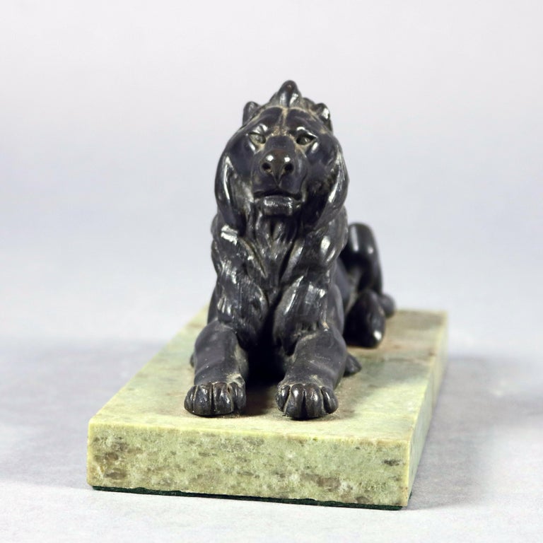 French Figural Bronze Sculpture On Marble Recumbent African Lion Circa 1890
