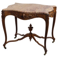 Antique French Figural Carved Walnut & Specimen Marble Top Parlor Table, c1890