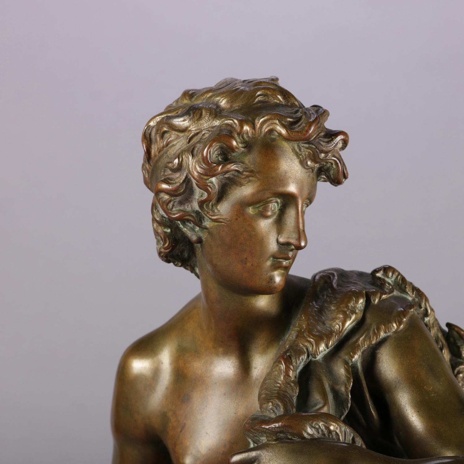 Antique French Figural Cast Bronze Portrait Sculpture of a Boy Signed Bouret In Good Condition In Big Flats, NY