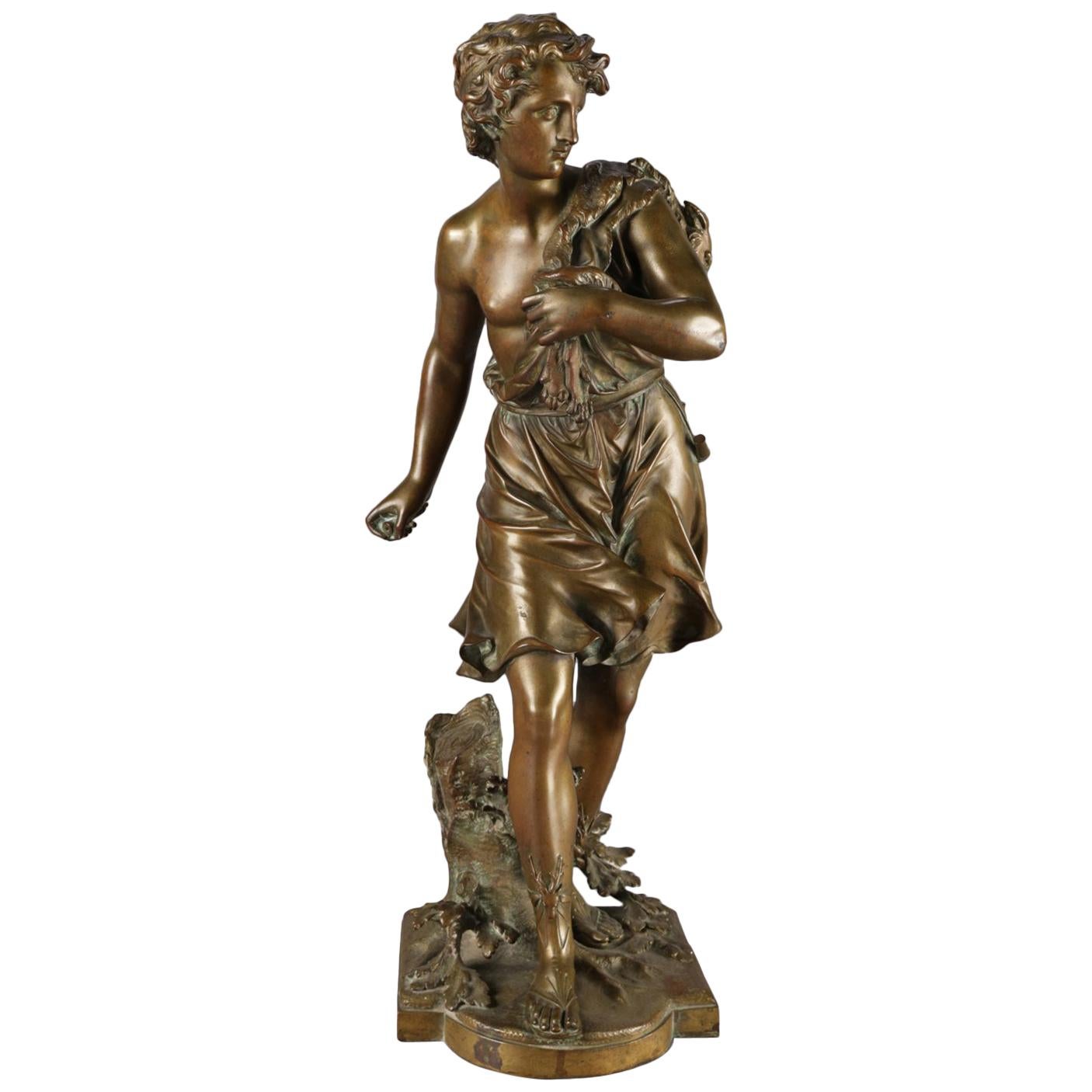 Antique French Figural Cast Bronze Portrait Sculpture of a Boy Signed Bouret