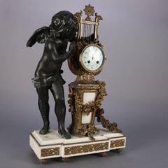 Antique French Figural Cherub Sculpture Bronzed and Marble Mantel Clock