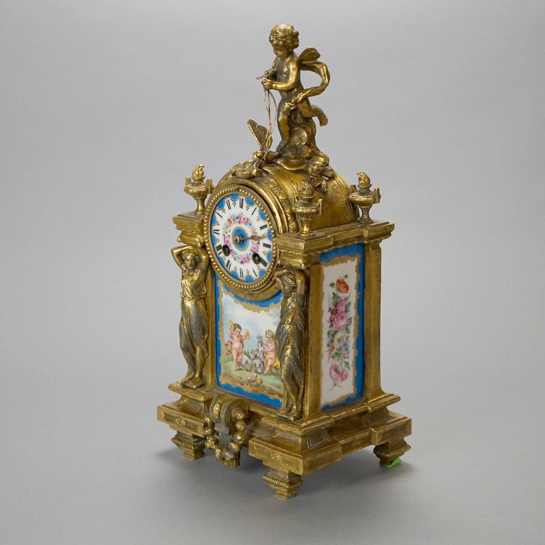 Antique French Figural Clock, Bronzed Metal and Sevres School Hand Painted Plaque at 1stDibs