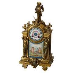 Antique French Figural Clock, Bronzed Metal & Sevres School Hand Painted Plaque