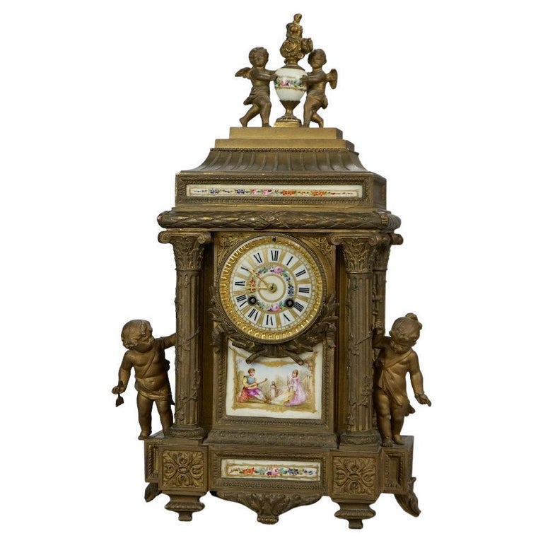 Antique French Figural Clock, Bronzed Metal and Sevres School Hand Painted Plaques For Sale at