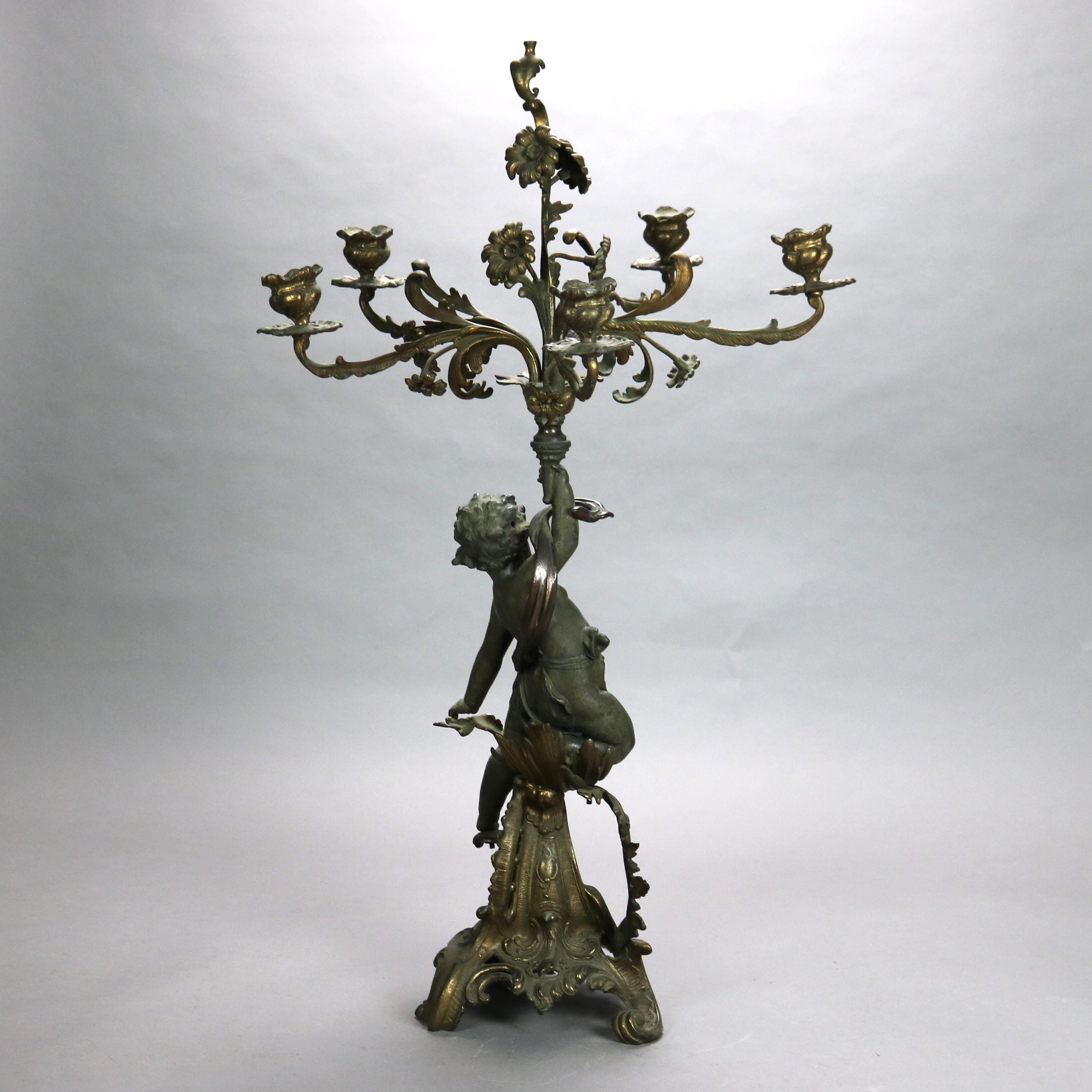Antique French Figural & Floral Five Light Candelabra Lamp with Cherub c1890 3