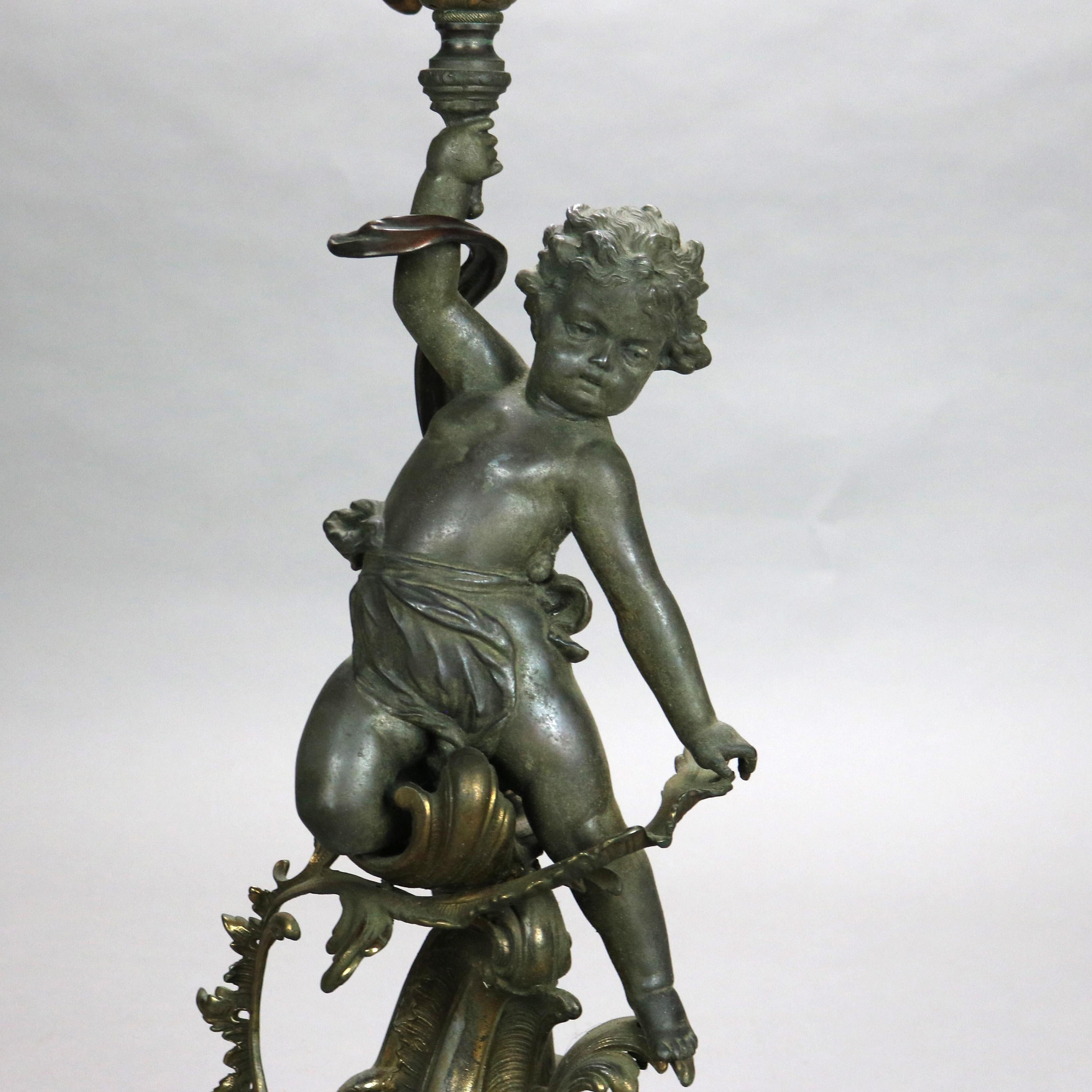 Neoclassical Antique French Figural & Floral Five Light Candelabra Lamp with Cherub c1890