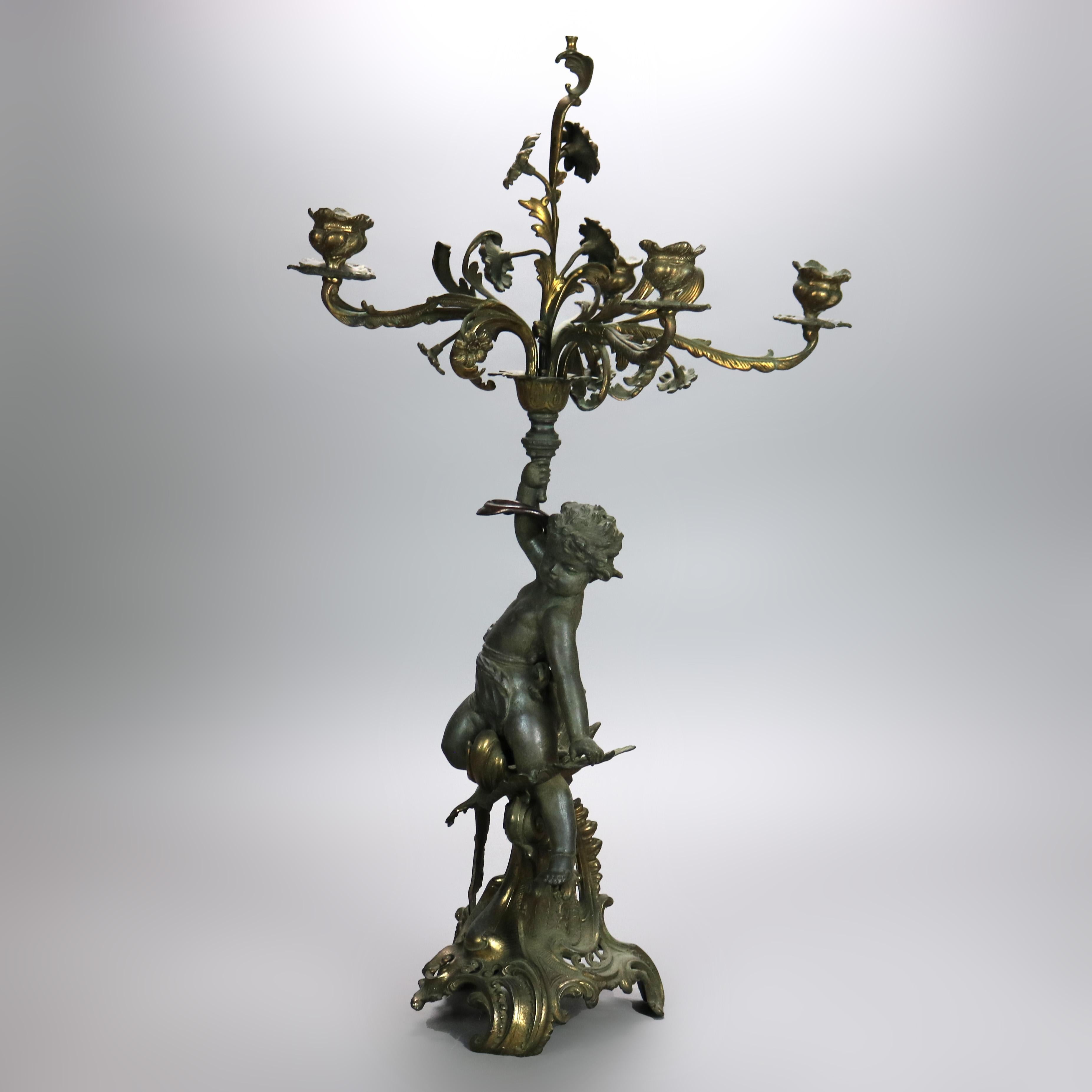 Antique French Figural & Floral Five Light Candelabra Lamp with Cherub c1890 In Good Condition In Big Flats, NY