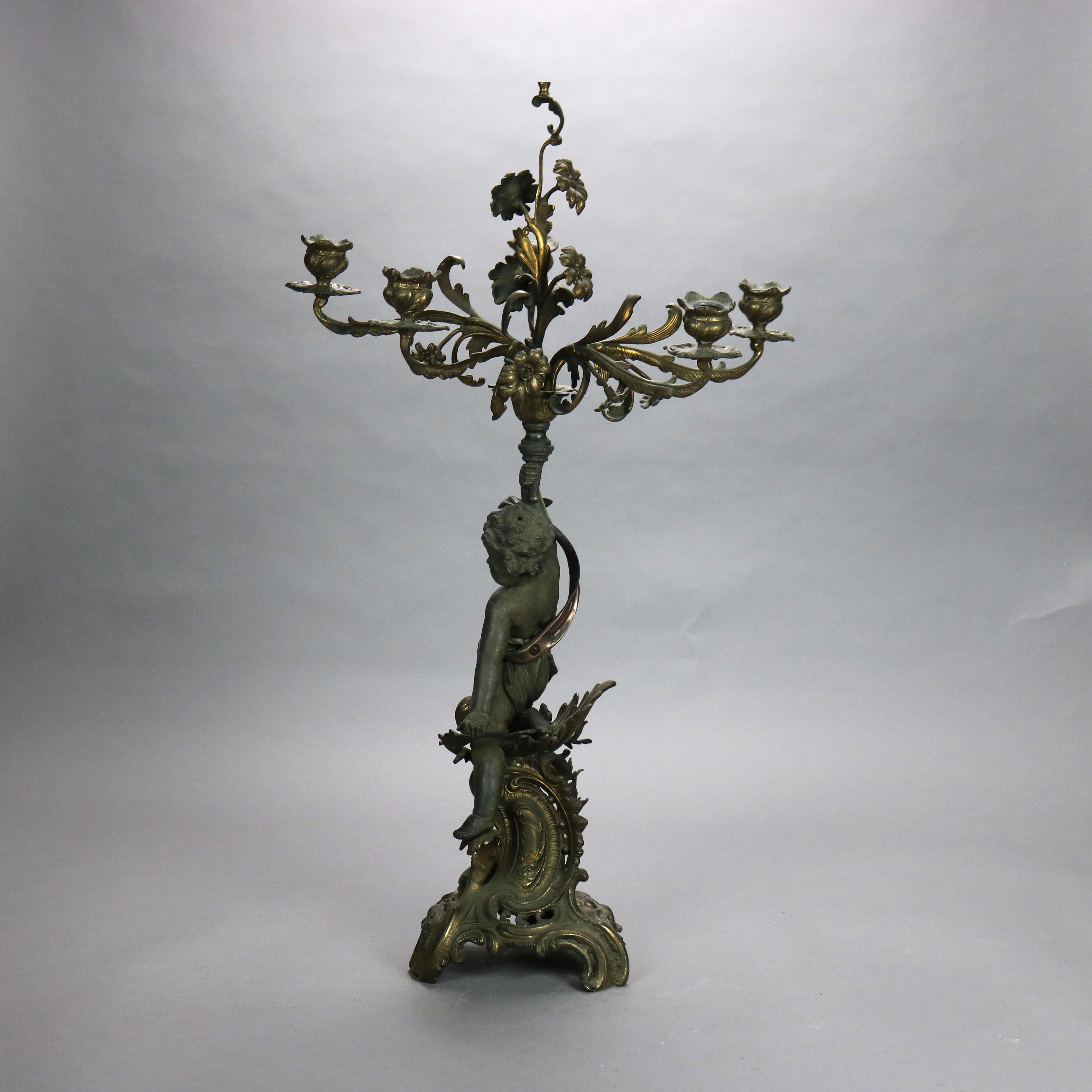 19th Century Antique French Figural & Floral Five Light Candelabra Lamp with Cherub c1890