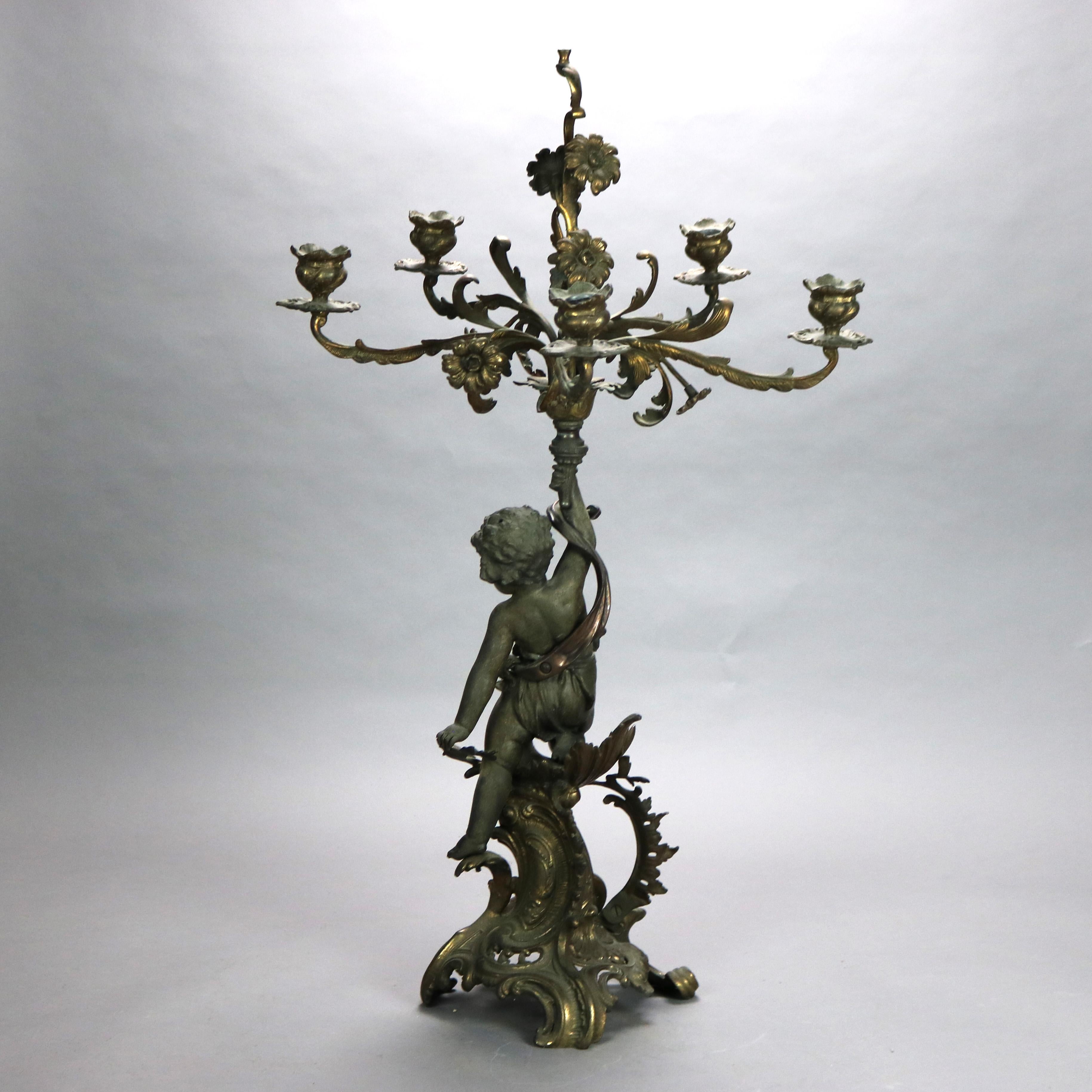 Metal Antique French Figural & Floral Five Light Candelabra Lamp with Cherub c1890