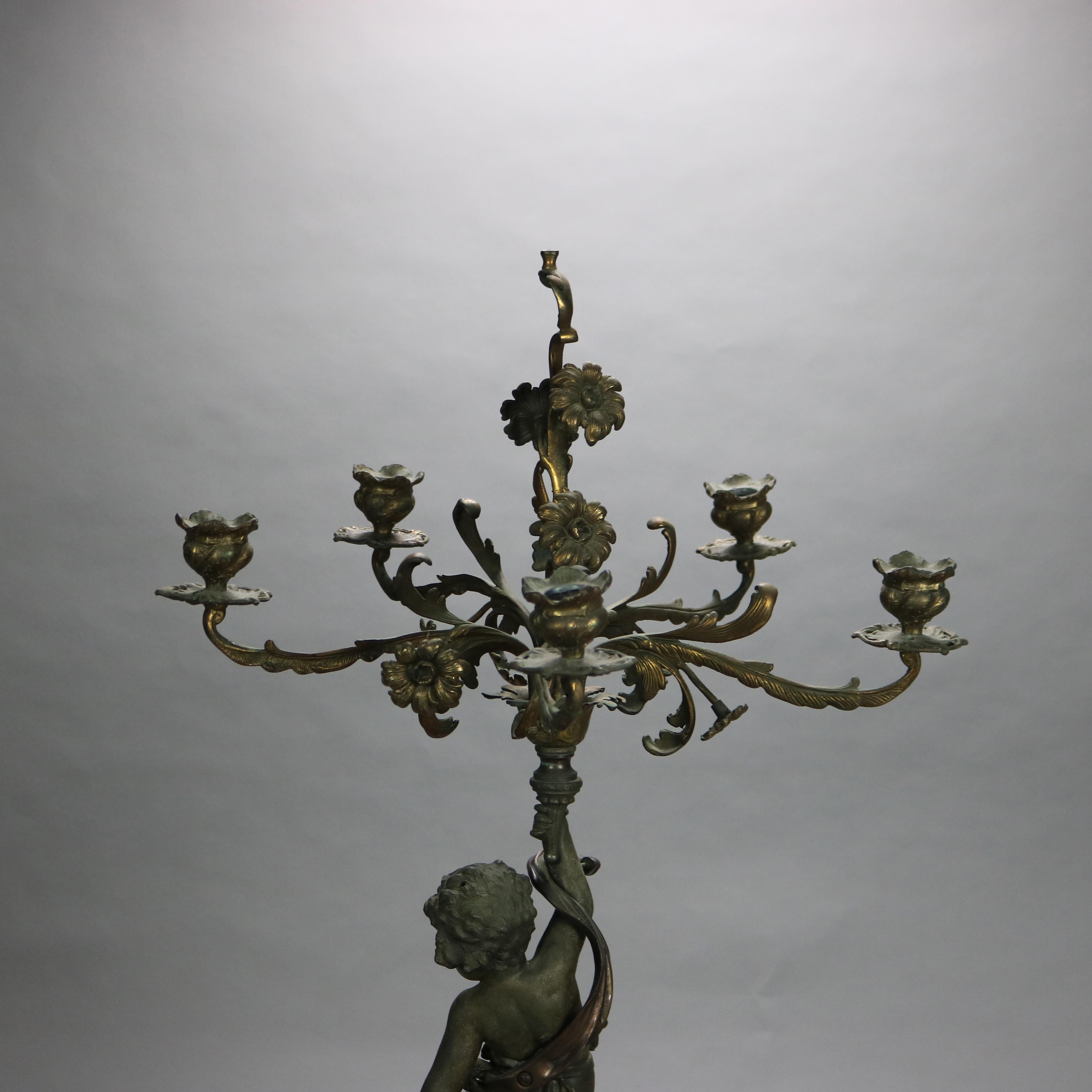 Antique French Figural & Floral Five Light Candelabra Lamp with Cherub c1890 2