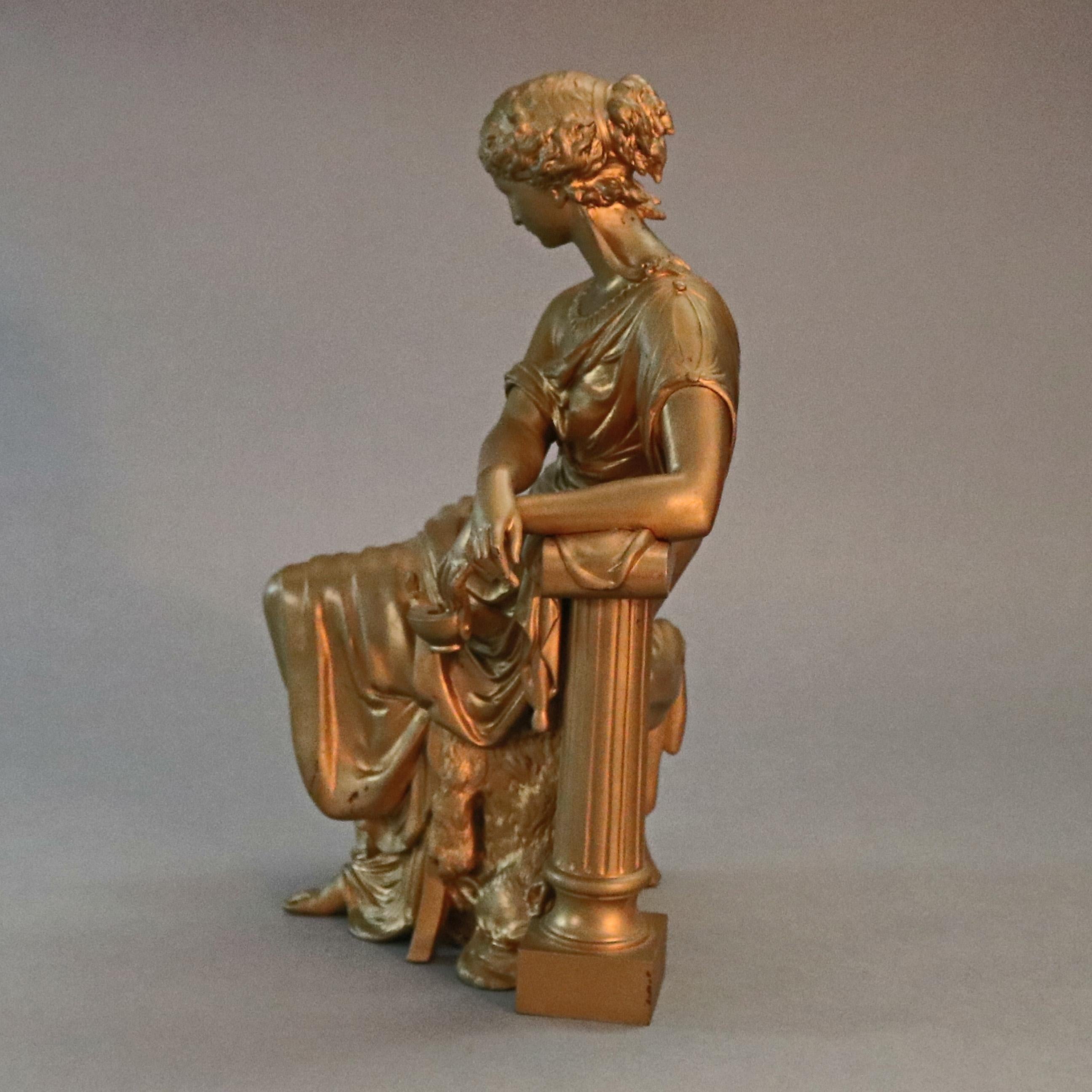 An antique French figural gilt bronze portrait sculpture of seated classical woman leaning on Corinthian column in countryside setting, circa 1890.

Measures: 14.25