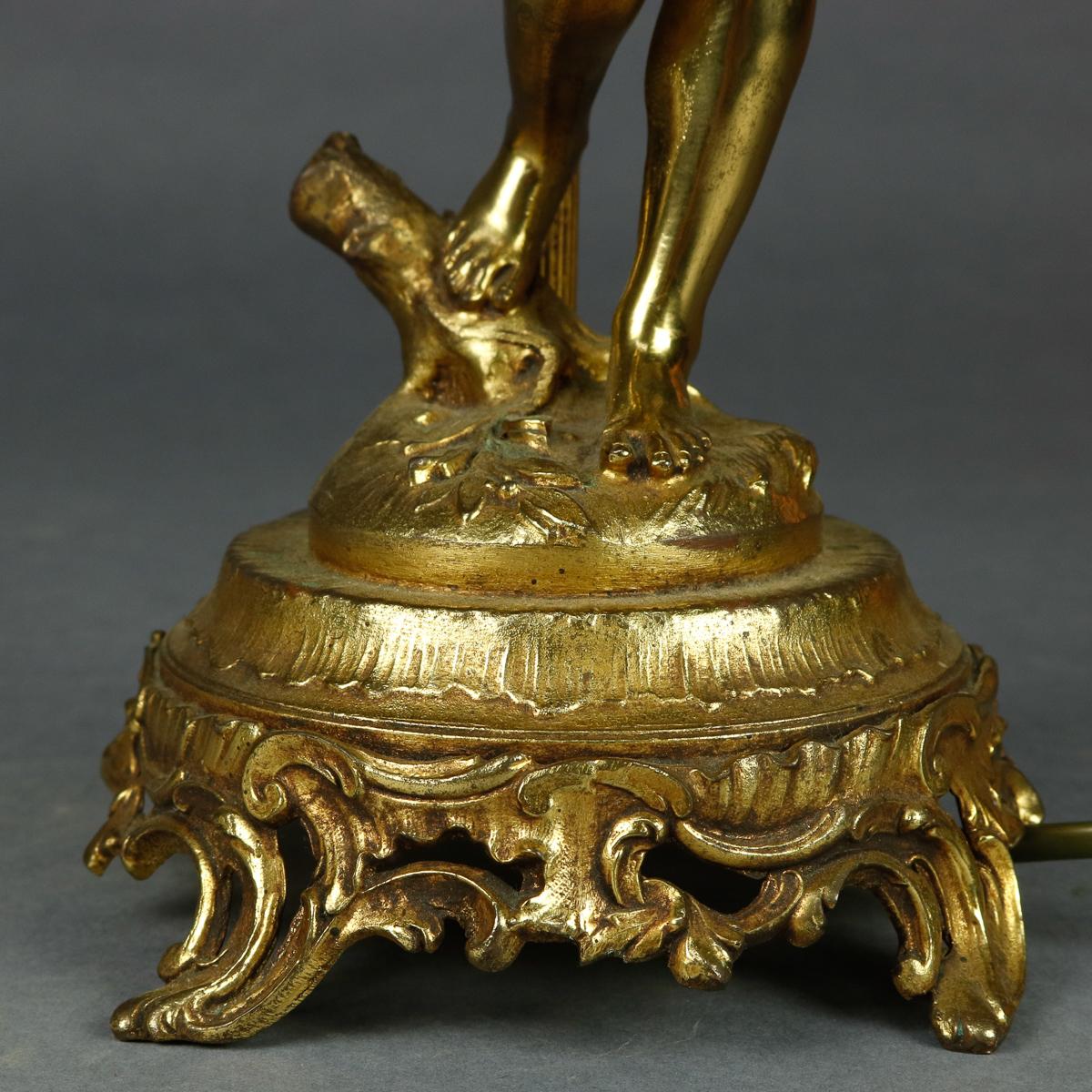 Classical Greek Antique French Figural Gilt Metal Classical Cherub & Lyre Table Lamp, circa 1900