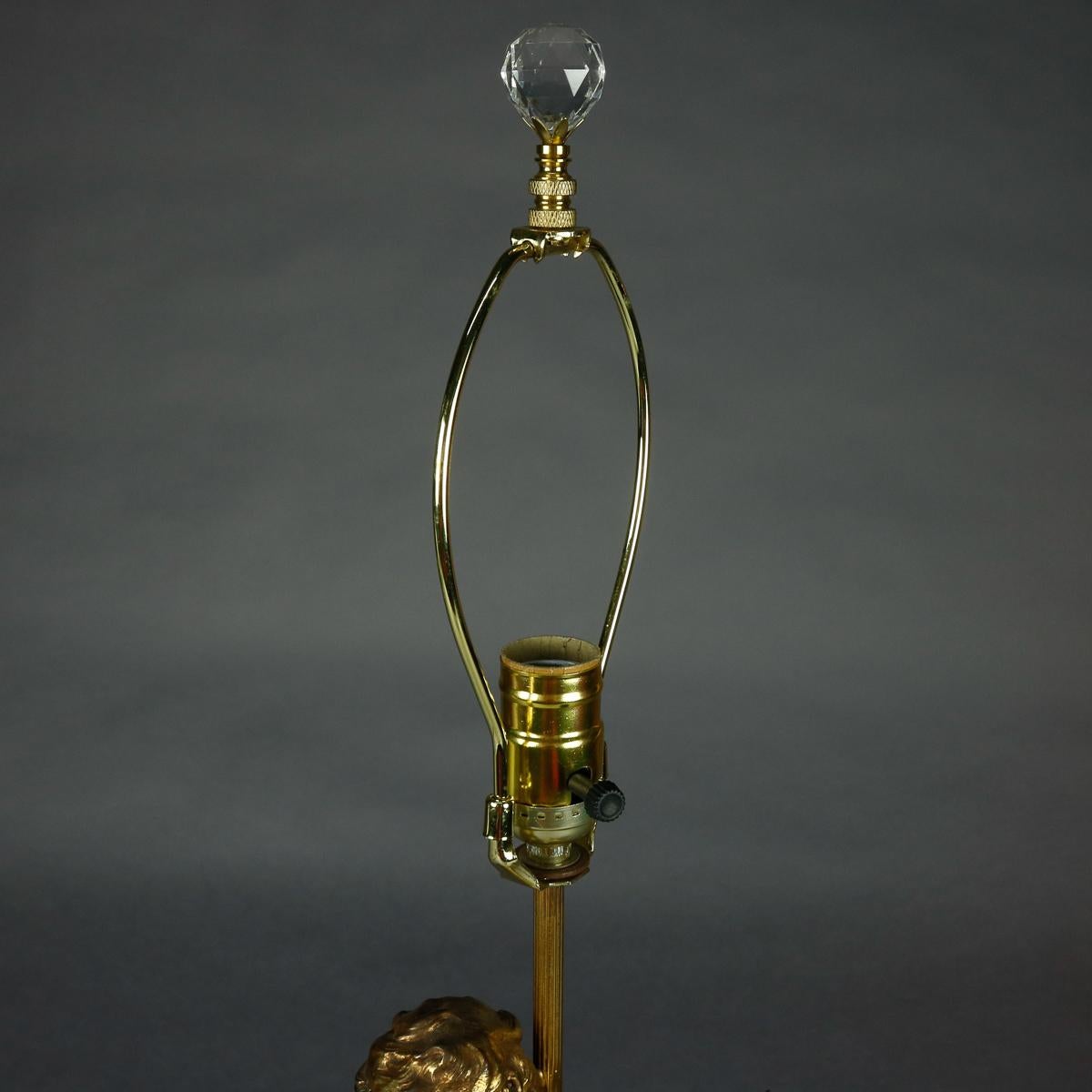Antique French Figural Gilt Metal Classical Cherub & Lyre Table Lamp, circa 1900 In Good Condition In Big Flats, NY