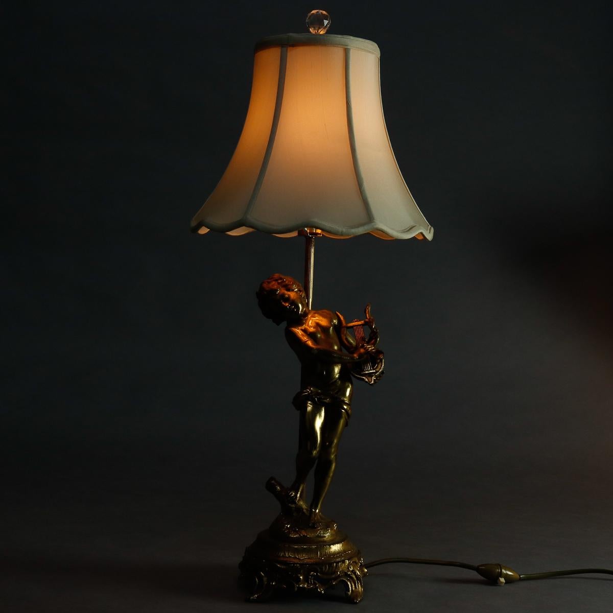 Antique French Figural Gilt Metal Classical Cherub & Lyre Table Lamp, circa 1900 1