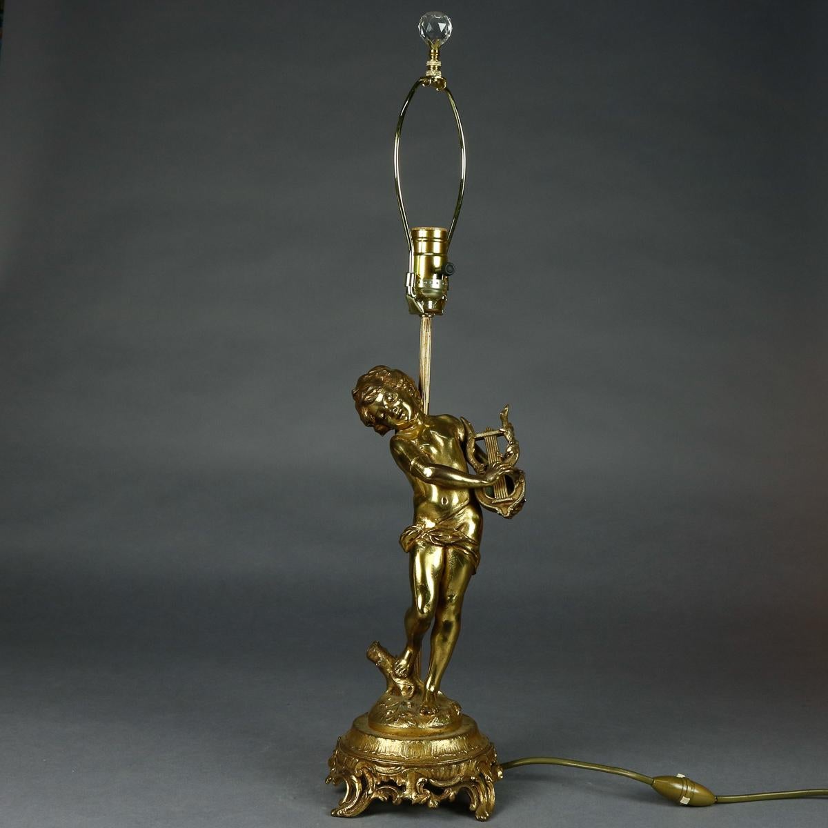 Antique French Figural Gilt Metal Classical Cherub & Lyre Table Lamp, circa 1900 2