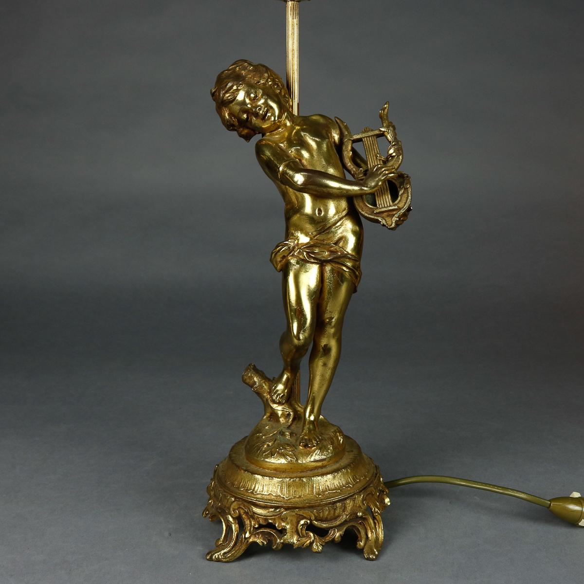Antique French Figural Gilt Metal Classical Cherub & Lyre Table Lamp, circa 1900 3
