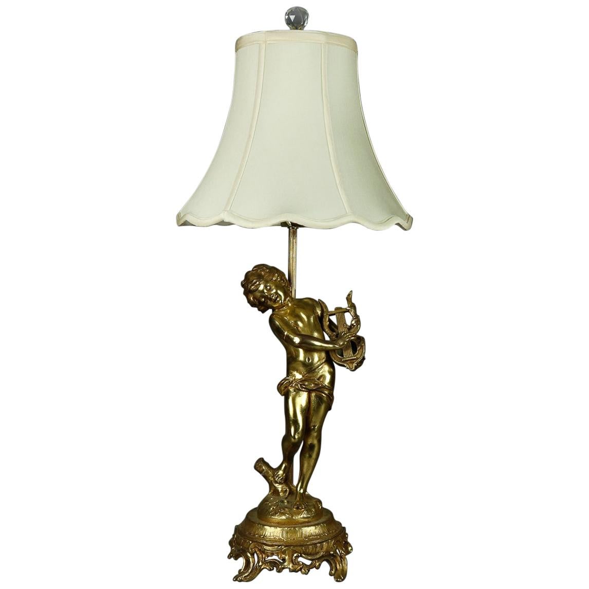 Antique French Figural Gilt Metal Classical Cherub & Lyre Table Lamp, circa 1900