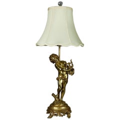 Antique French Figural Gilt Metal Classical Cherub & Lyre Table Lamp, circa 1900