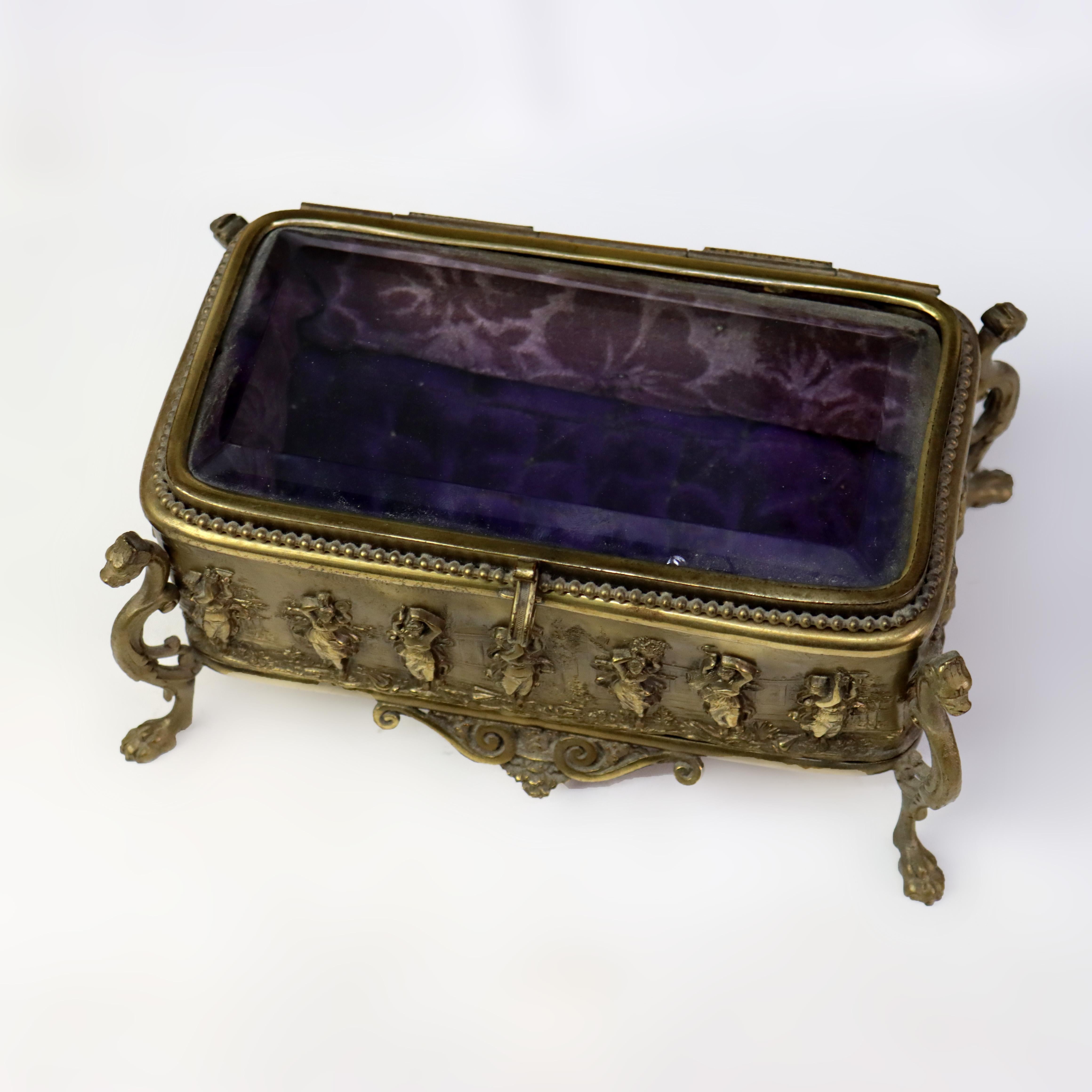 Antiguo joyero figurado francés de metal dorado y cristal forrado de terciopelo c1920 en Bueno Estado en Big Flats, NY
