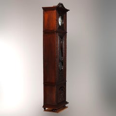 Antique French Figural High Relief Deeply Carved Oak Tall Case Clock, circa 1890