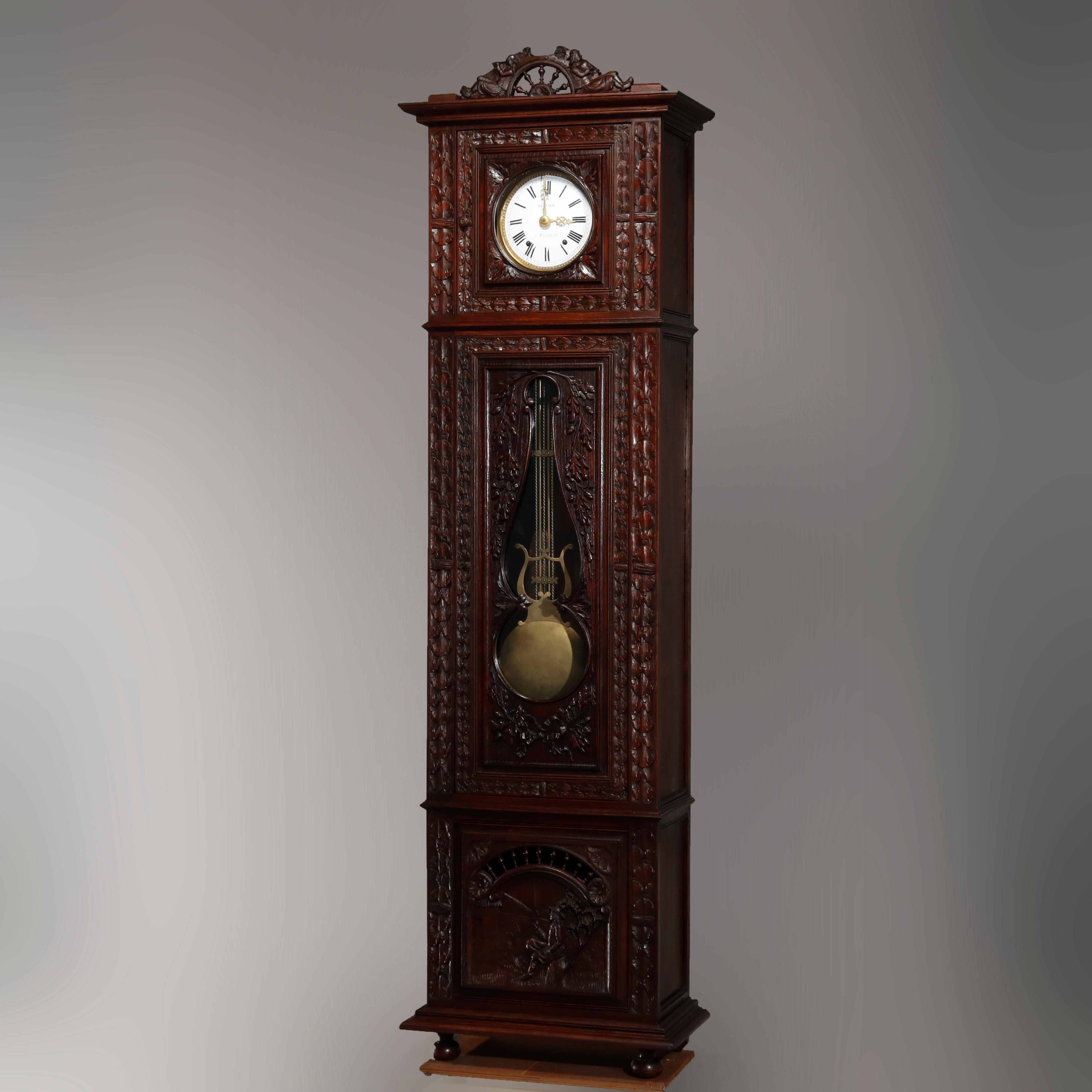 Antique French Figural High Relief Deeply Carved Oak Tall Case Clock, circa 1890 In Good Condition In Big Flats, NY