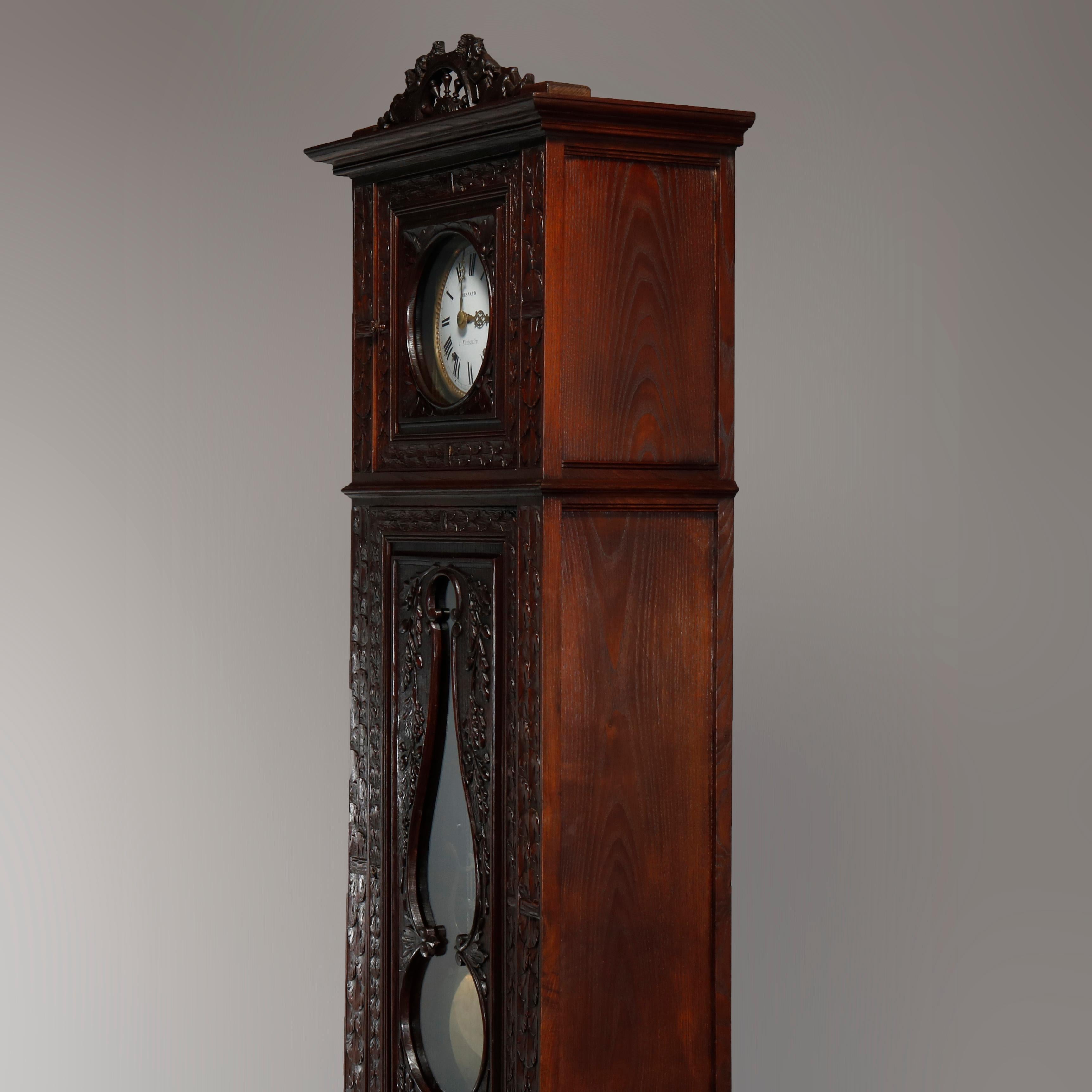 19th Century Antique French Figural High Relief Deeply Carved Oak Tall Case Clock, circa 1890