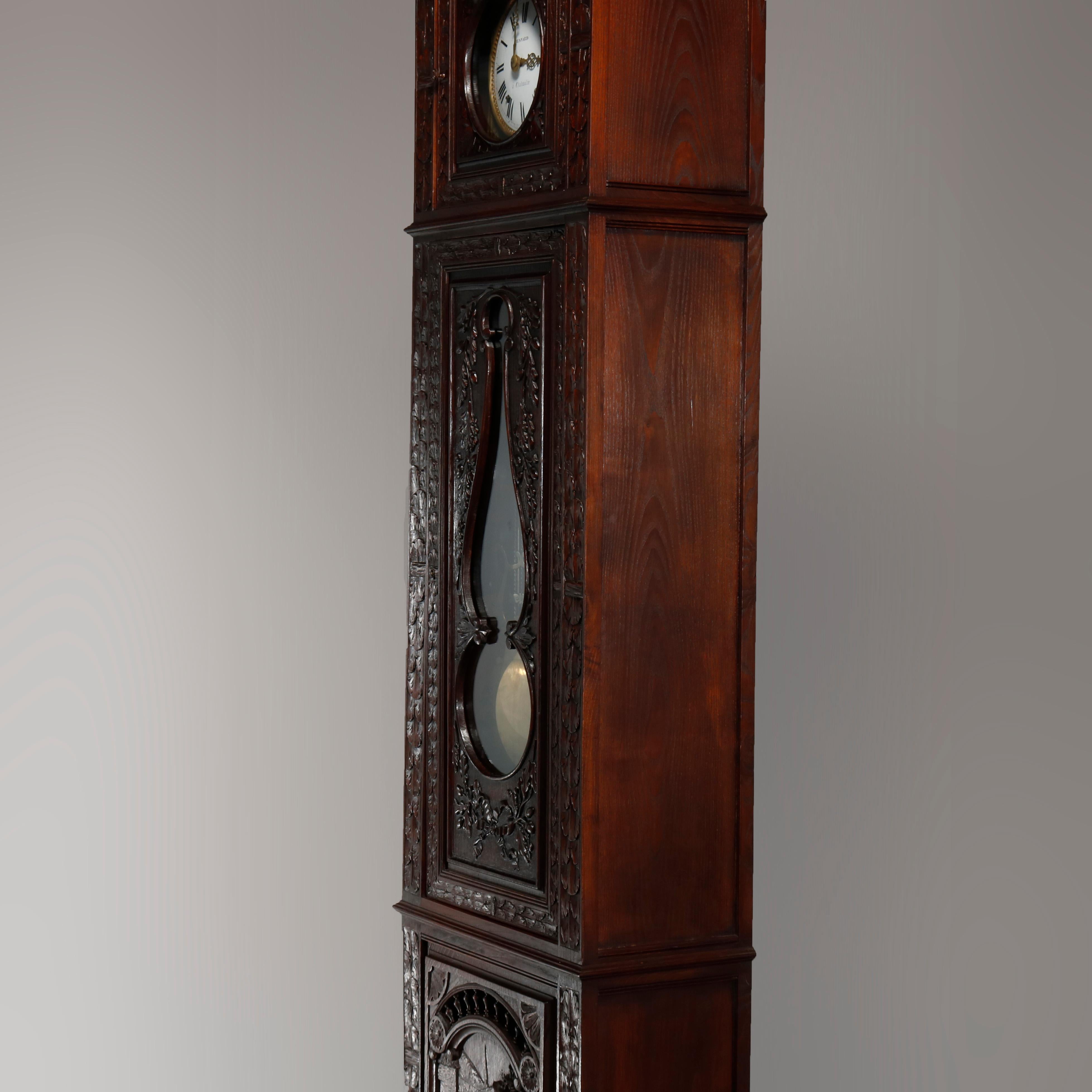 Metal Antique French Figural High Relief Deeply Carved Oak Tall Case Clock, circa 1890
