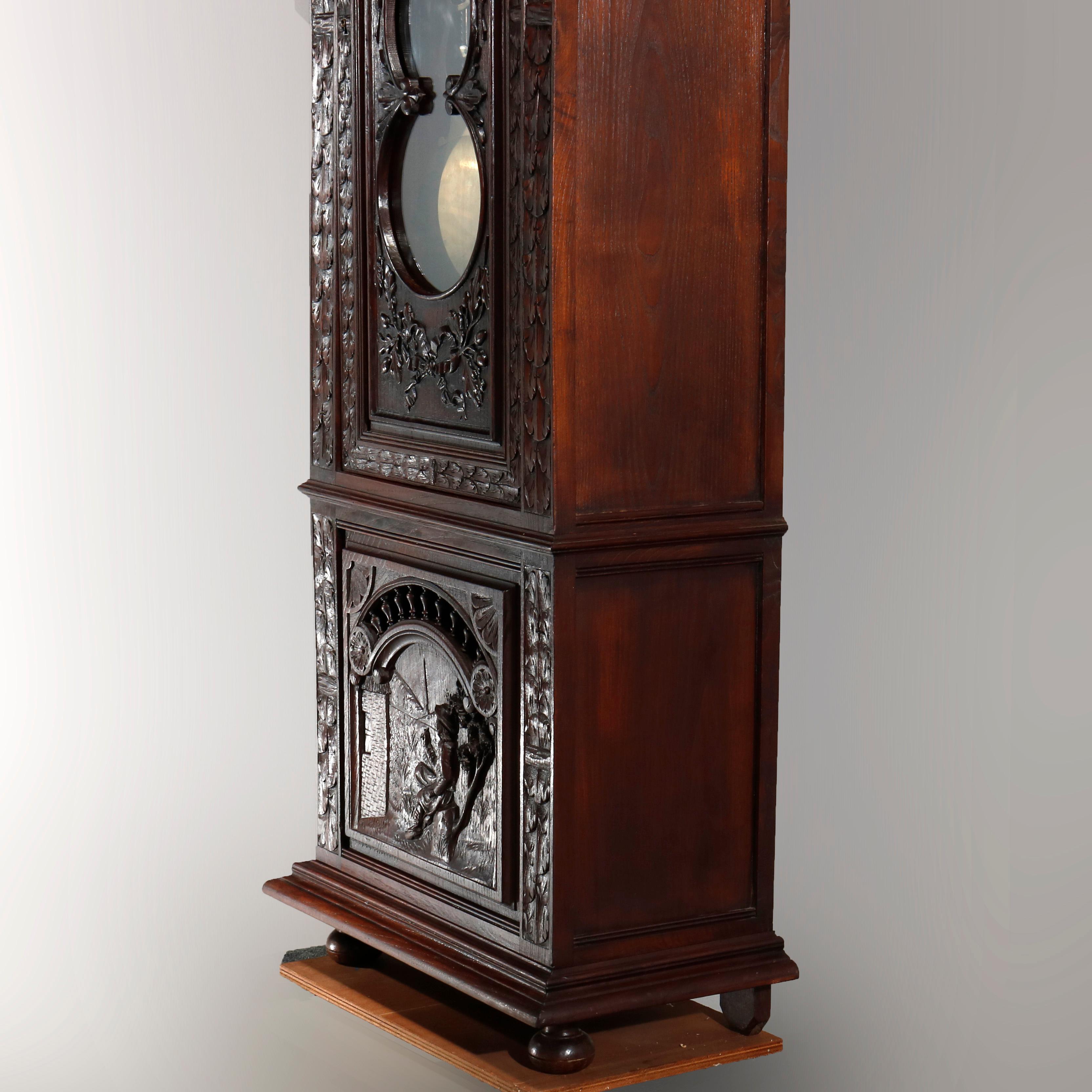 Antique French Figural High Relief Deeply Carved Oak Tall Case Clock, circa 1890 1