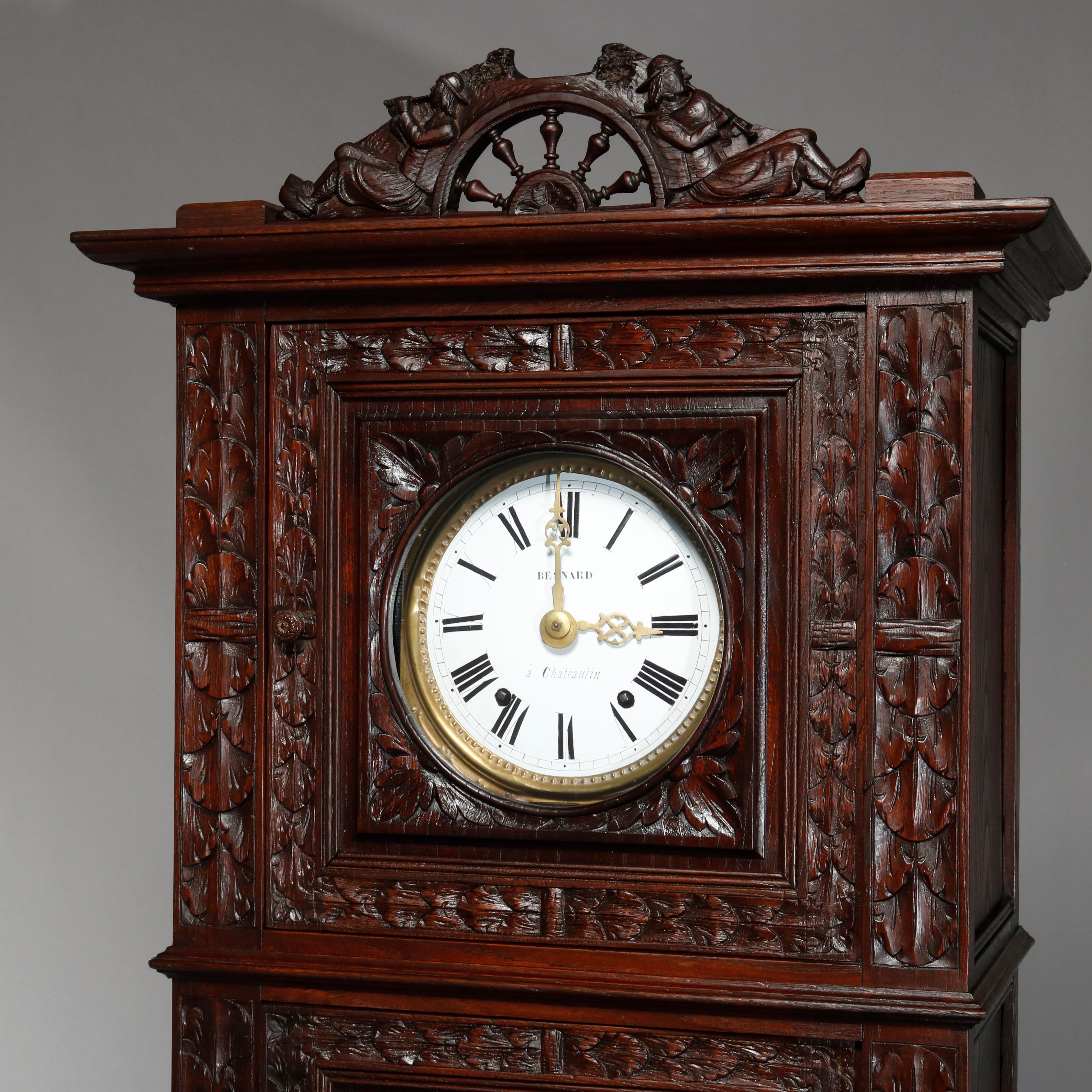 Antique French Figural High Relief Deeply Carved Oak Tall Case Clock, circa 1890 2