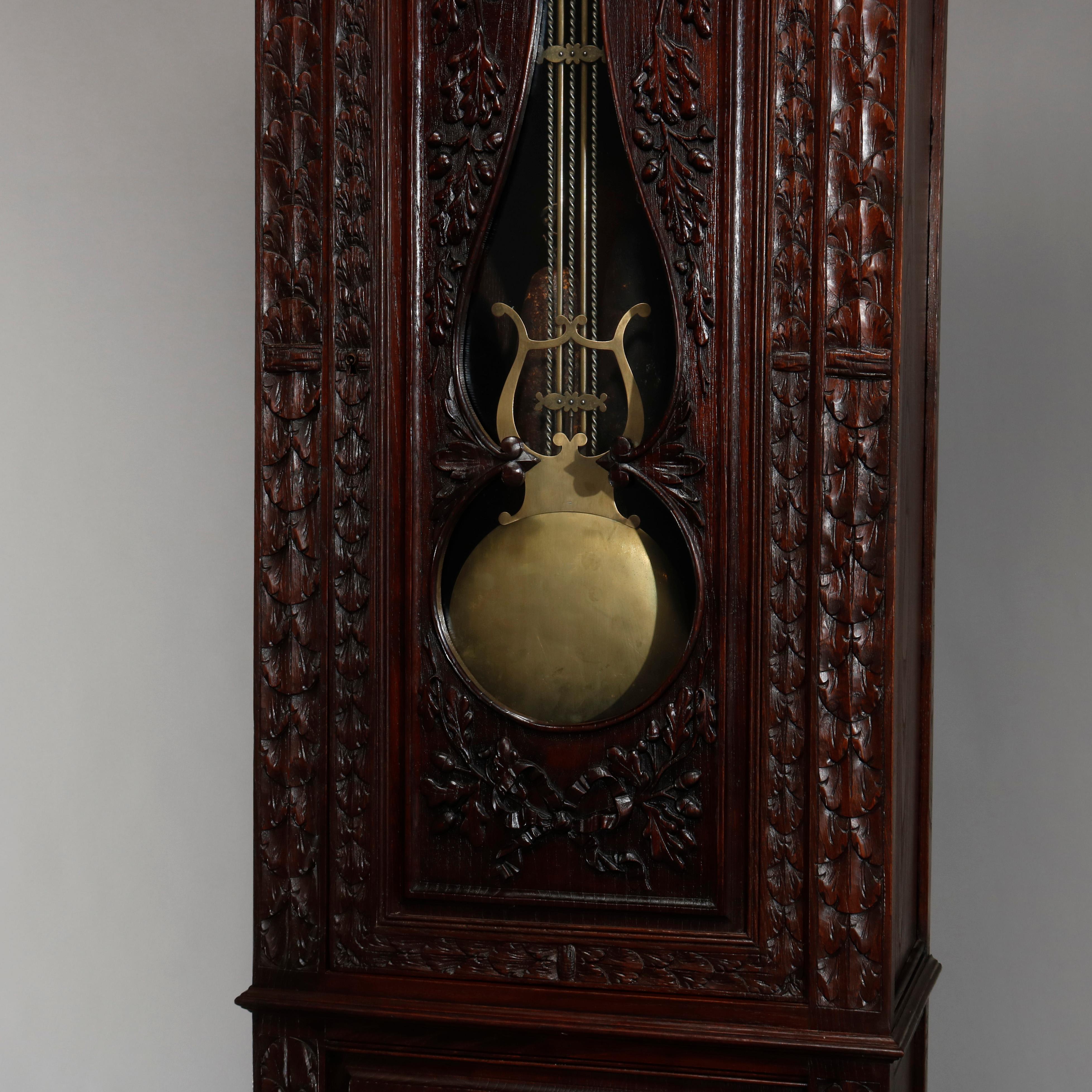 Antique French Figural High Relief Deeply Carved Oak Tall Case Clock, circa 1890 4