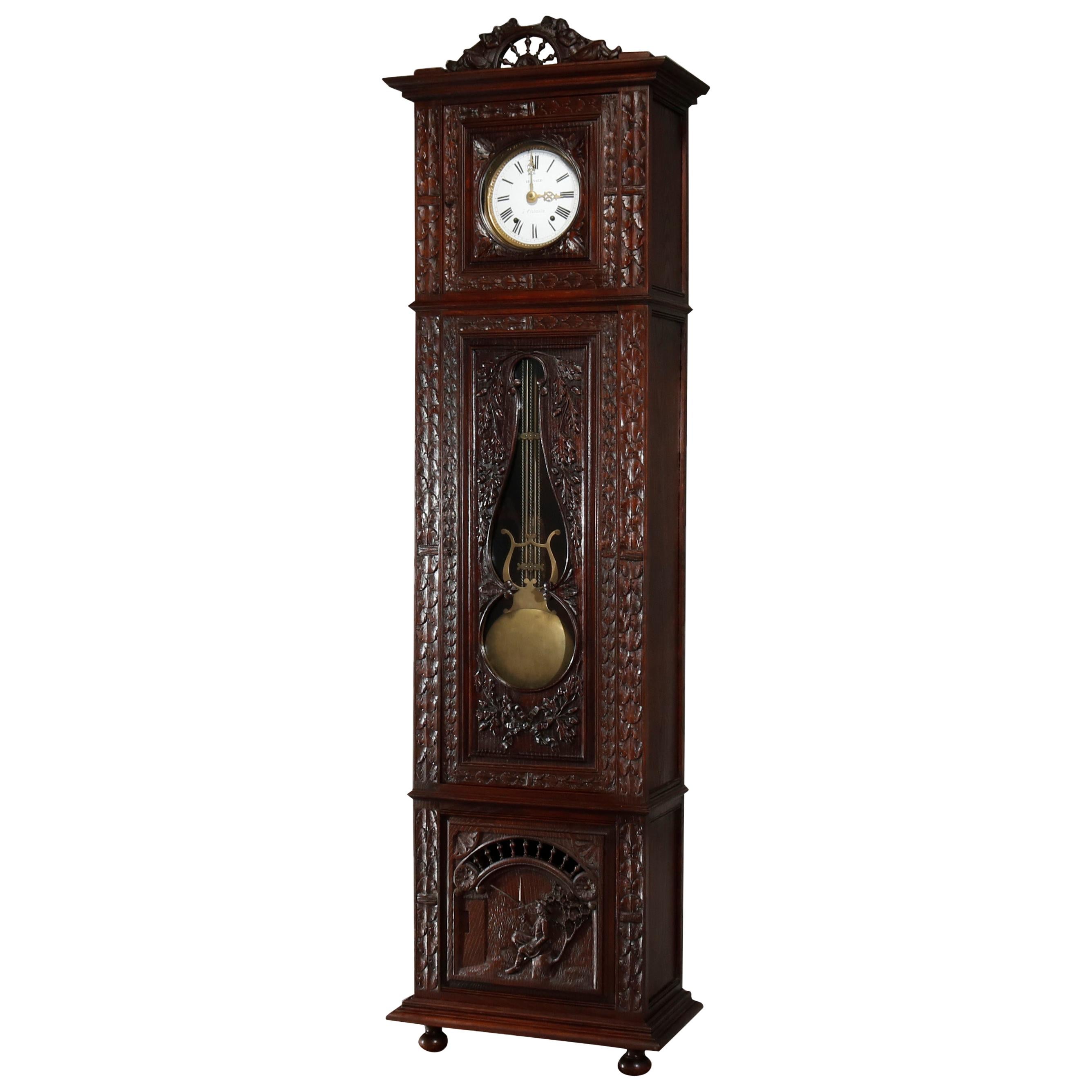Antique French Figural High Relief Deeply Carved Oak Tall Case Clock, circa 1890