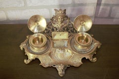 Antique French Figural Louis XV Style Figural Bronze Double Inkwell Inkstand wit