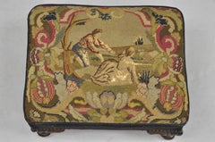 Antique French Figural Needlepoint Box Footstool Ottoman on Mahogany Legs