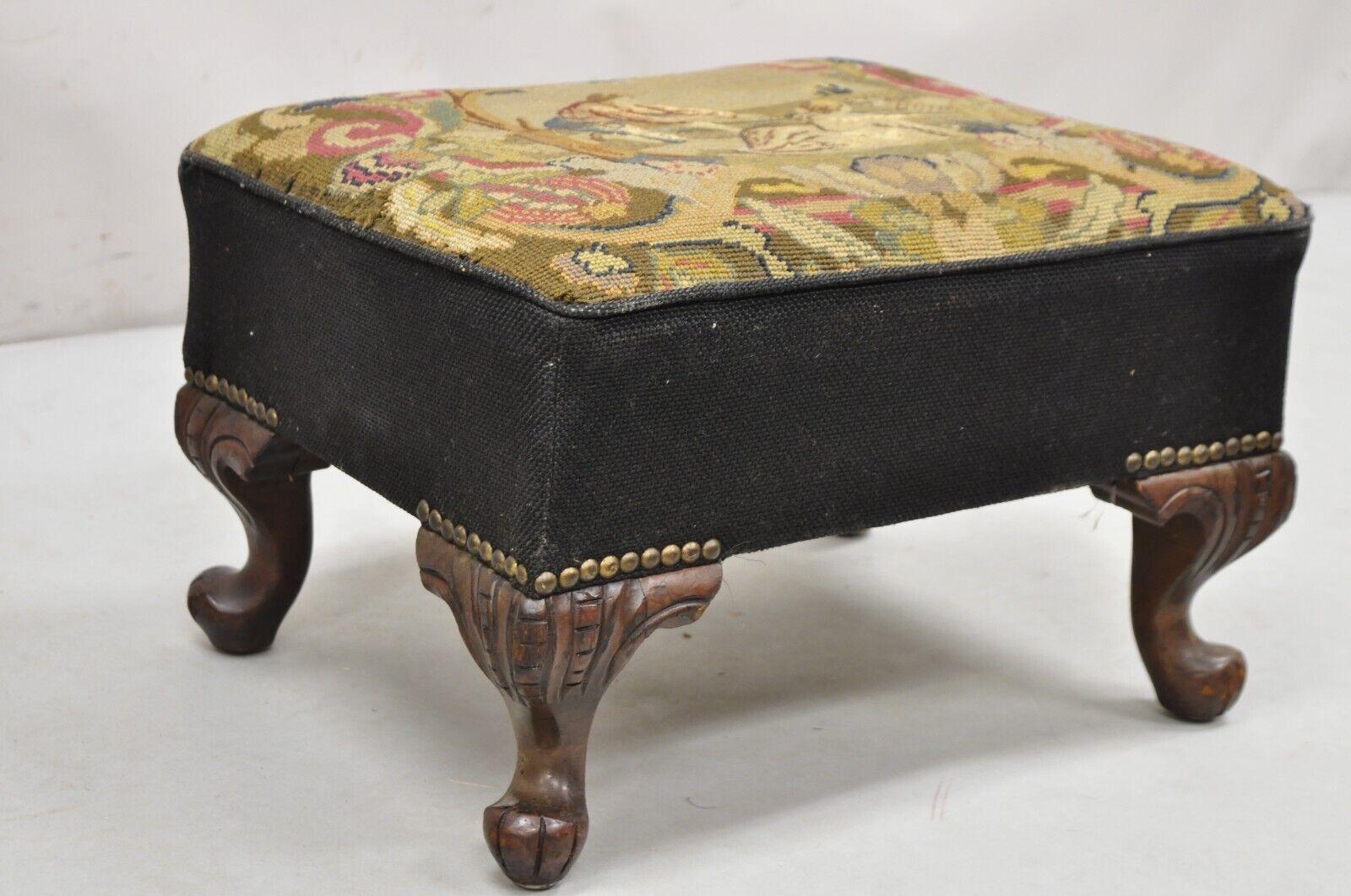French Provincial Antique French Figural Needlepoint Box Footstool Ottoman on Mahogany Legs For Sale