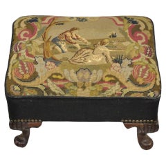 Antique French Figural Needlepoint Box Footstool Ottoman on Mahogany Legs