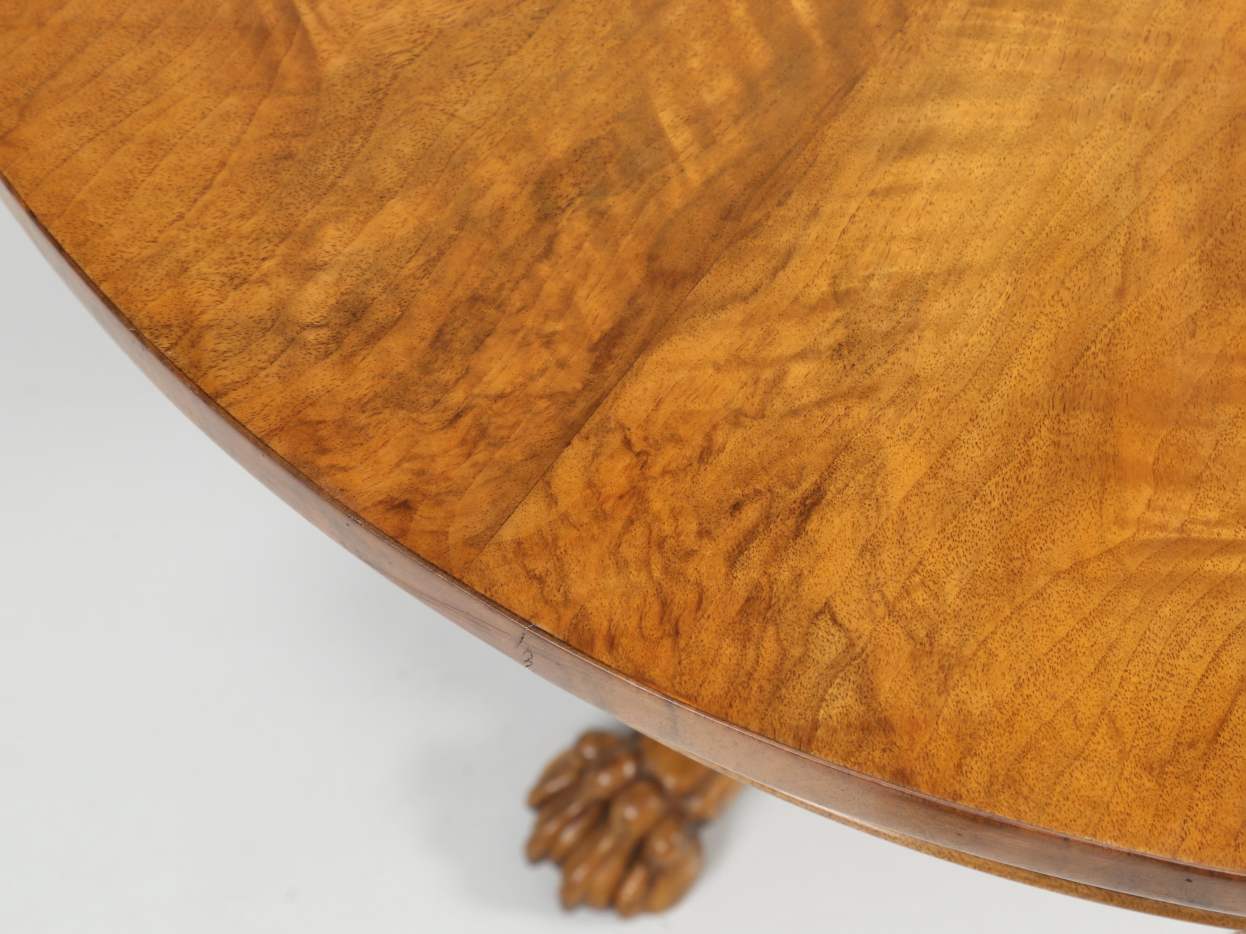 Late 19th Century  Antique French Figured Walnut Round Center Hall Sunburst Pattern Table Lion Paw