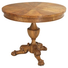  Antique French Figured Walnut Round Center Hall Sunburst Pattern Table Lion Paw