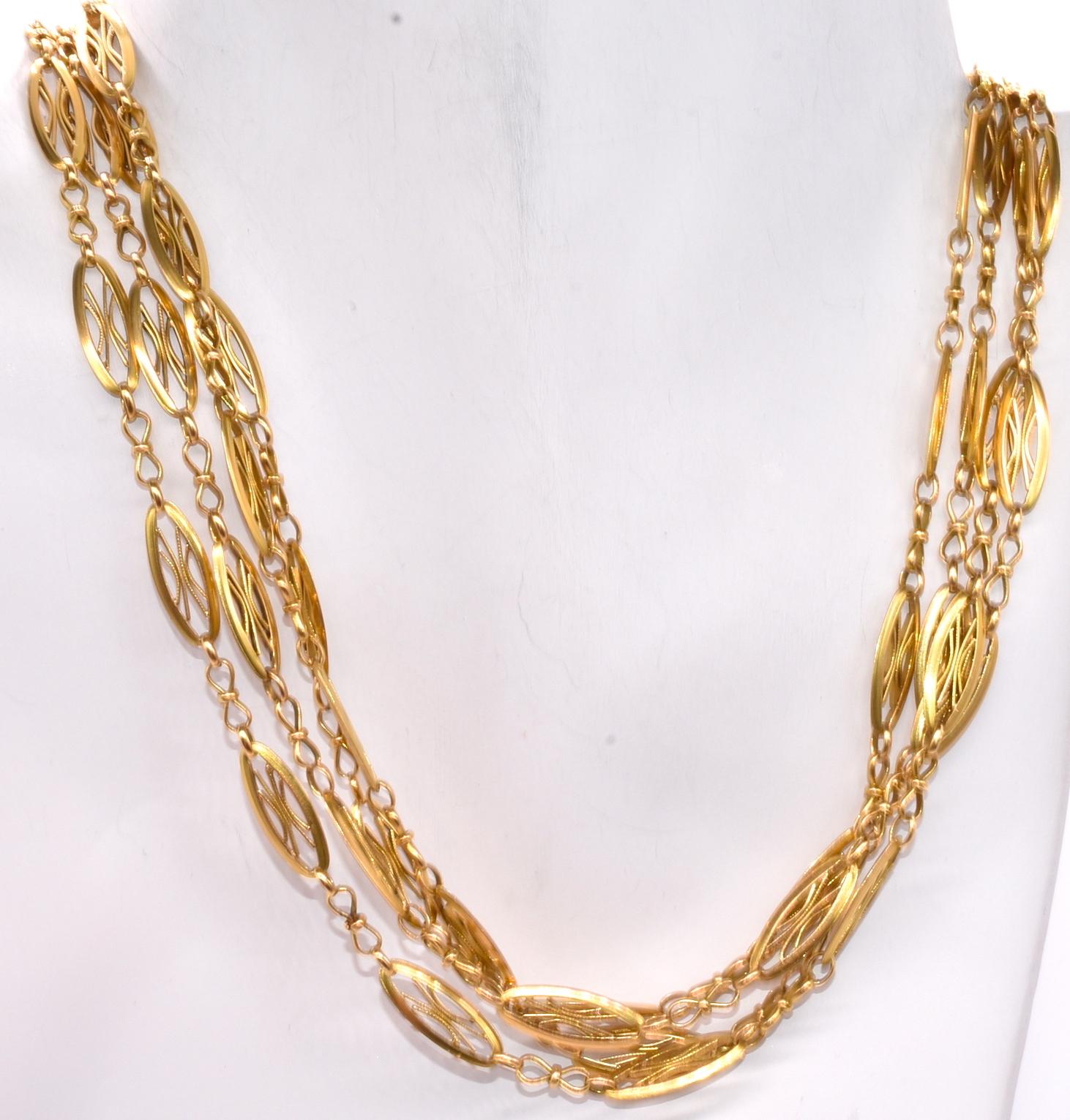 Antique 18 Karat gold French Filigree Watch Chain Necklace In Excellent Condition For Sale In Baltimore, MD