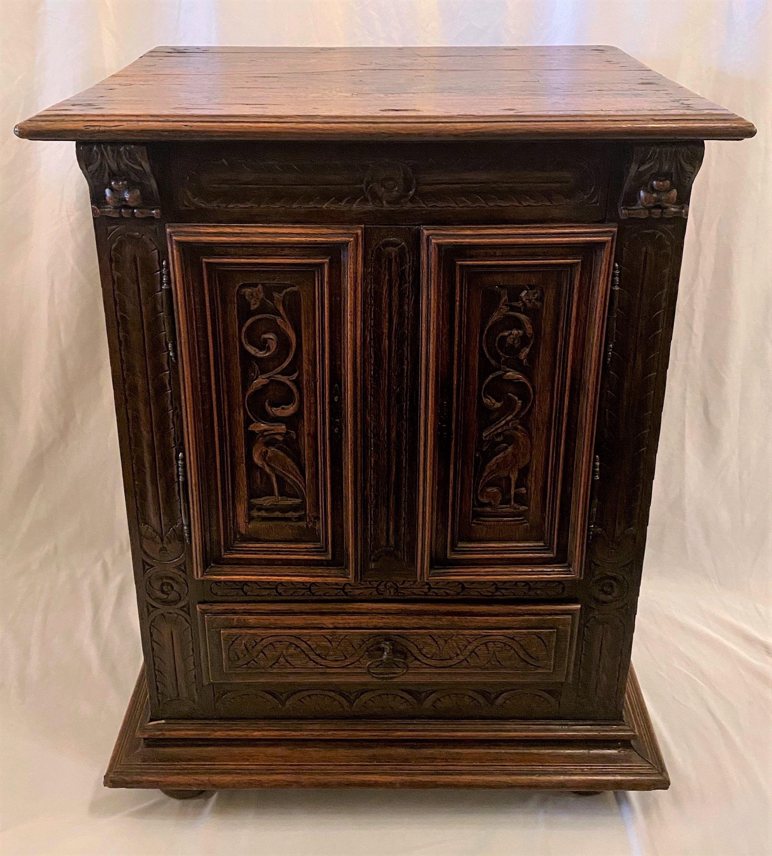 Antique French finely carved oak night table, circa 1870-1880.