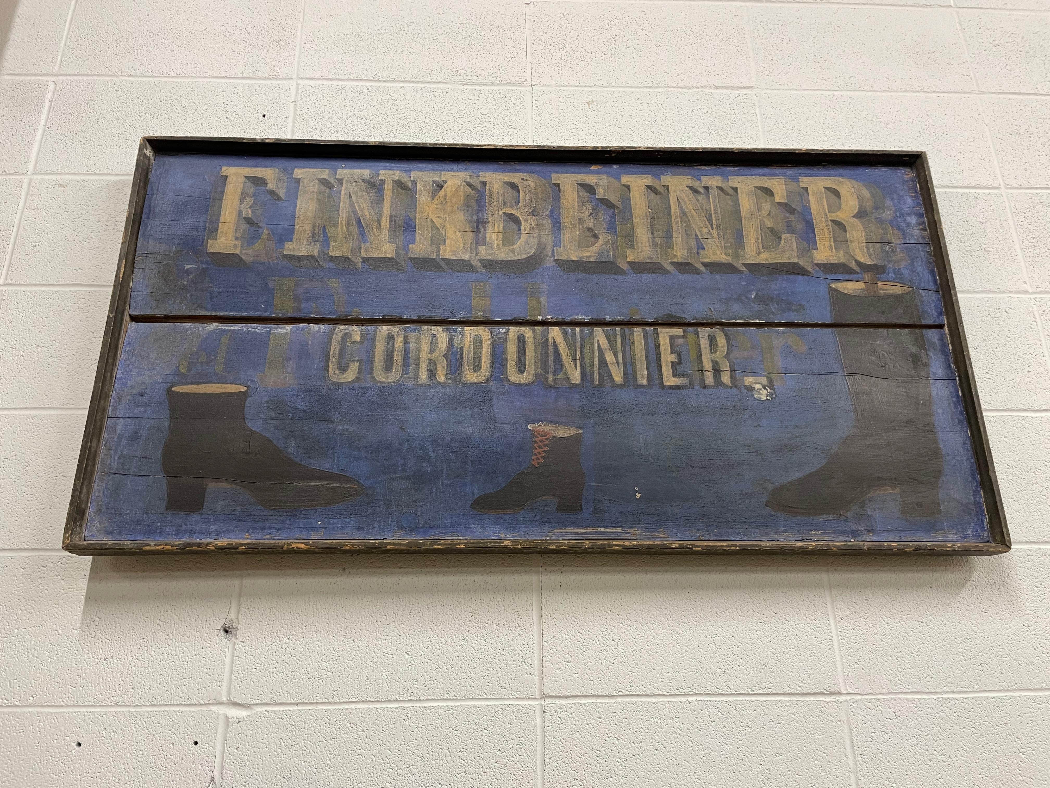 Antique French Finkbeiner Cordonnier (Cobbler) Advertising Sign In Good Condition For Sale In Calgary, Alberta