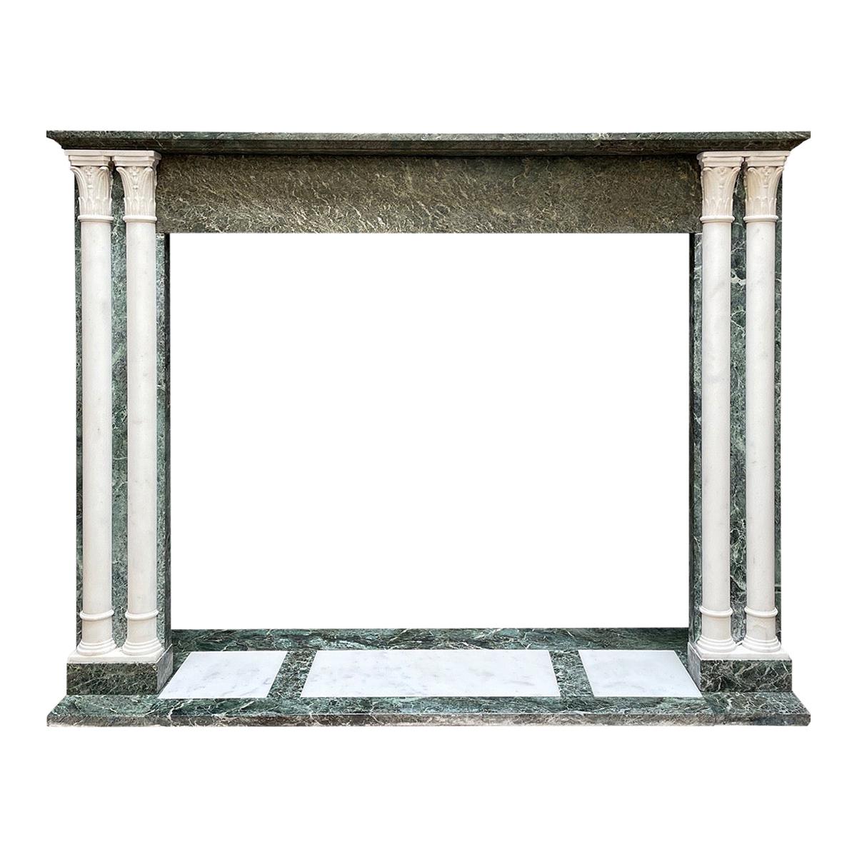 Antique French Fireplace Mantel in Verdi Antico and Statuary Marble For Sale