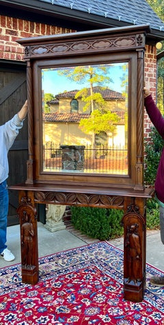 Antique French Fireplace Mantel Mirror Figural Carved Walnut c. 1880s