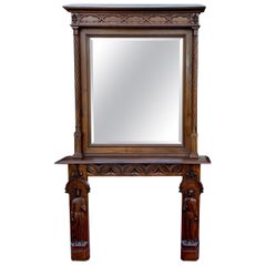 Antique French Fireplace Mantel Mirror Figural Carved Walnut c. 1880s