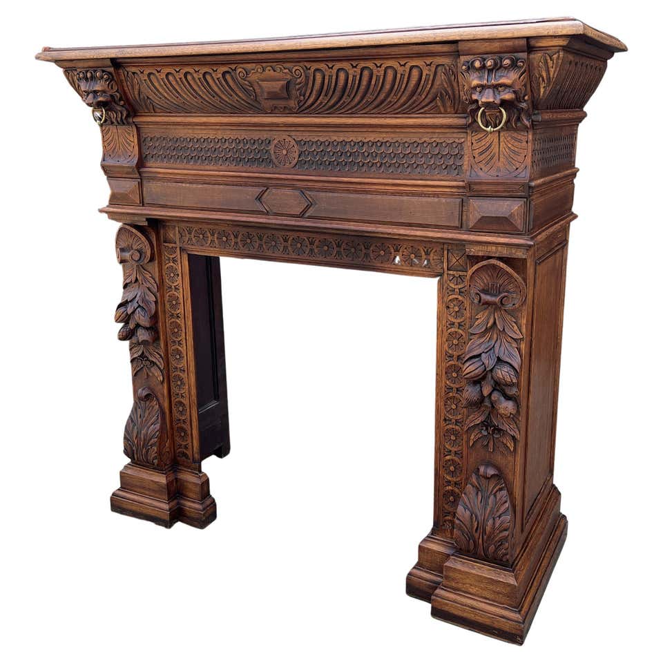 Antique French Fireplace Mantel Surround Gothic Revival Oak Large 19th ...